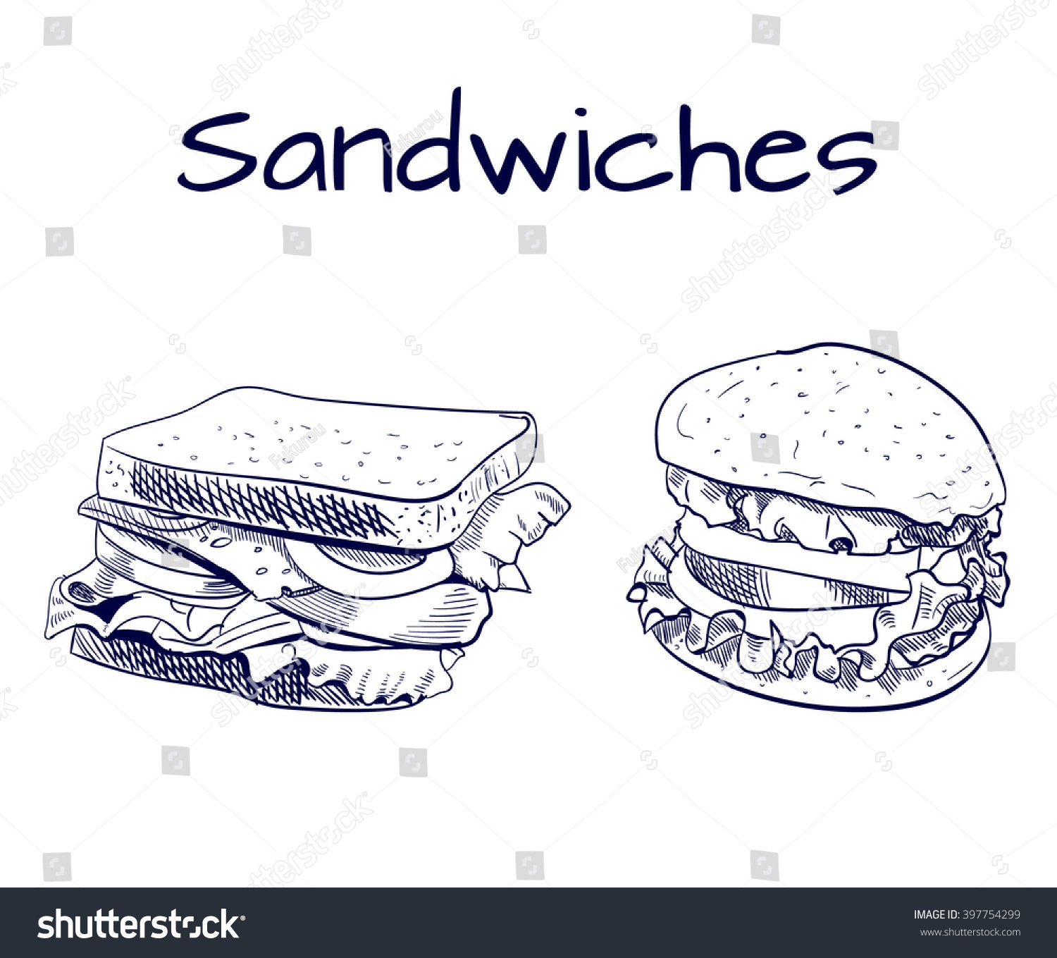 Sandwich Burger Outline Drawing Vector Sketch Stock Vector 397754299