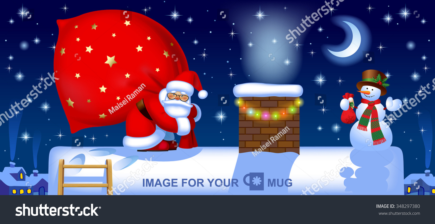 Santa carrying a big red sack and a snowman on the roof near a chimney against