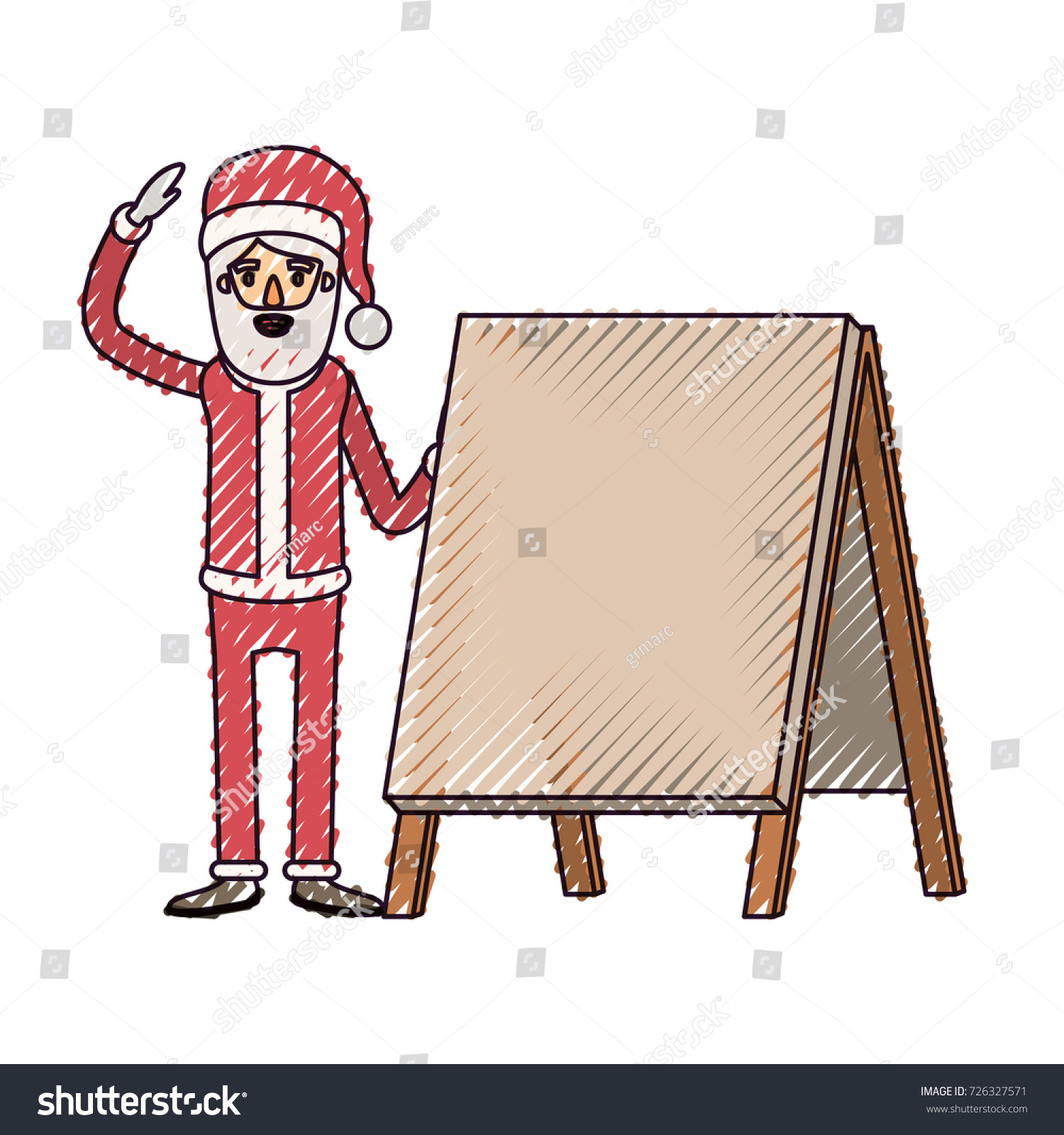 santa claus caricature full body with a placard and hat with christmas costume on color crayon