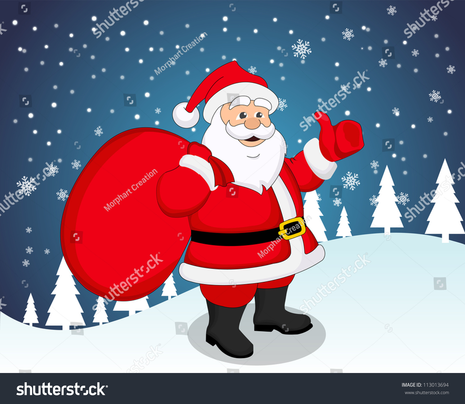 Vector cartoon illustration of Santa Claus and his bag with presents Concept of Merry Christmas and Happy New Year