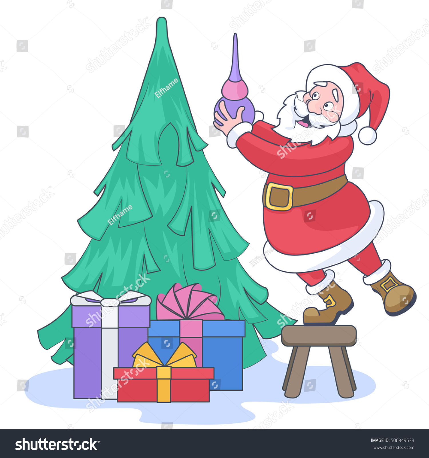 Santa Claus Decorates A Christmas Tree With Gifts Stock Vector