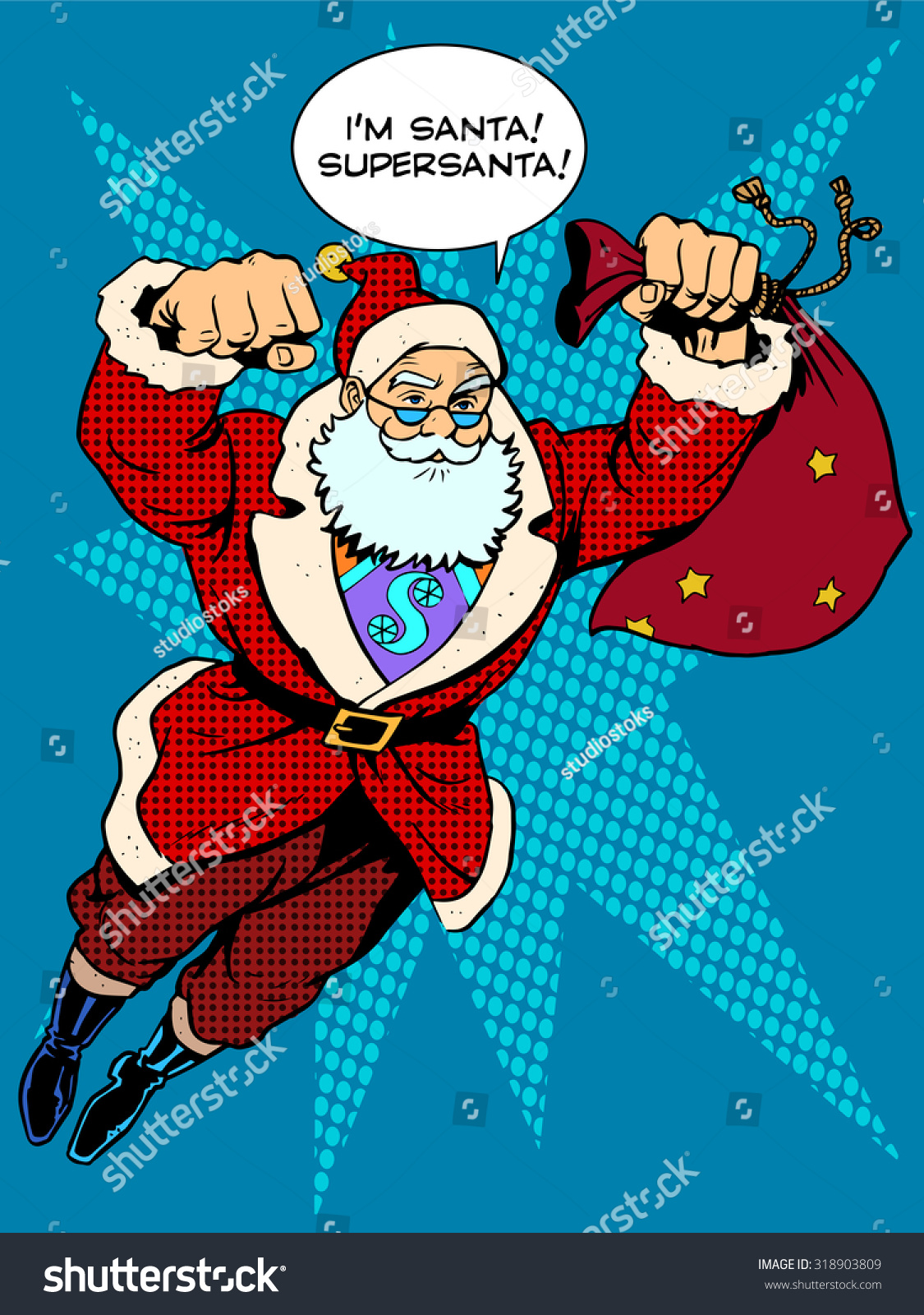 Santa Claus is flying with ts like a superhero Retro style pop art