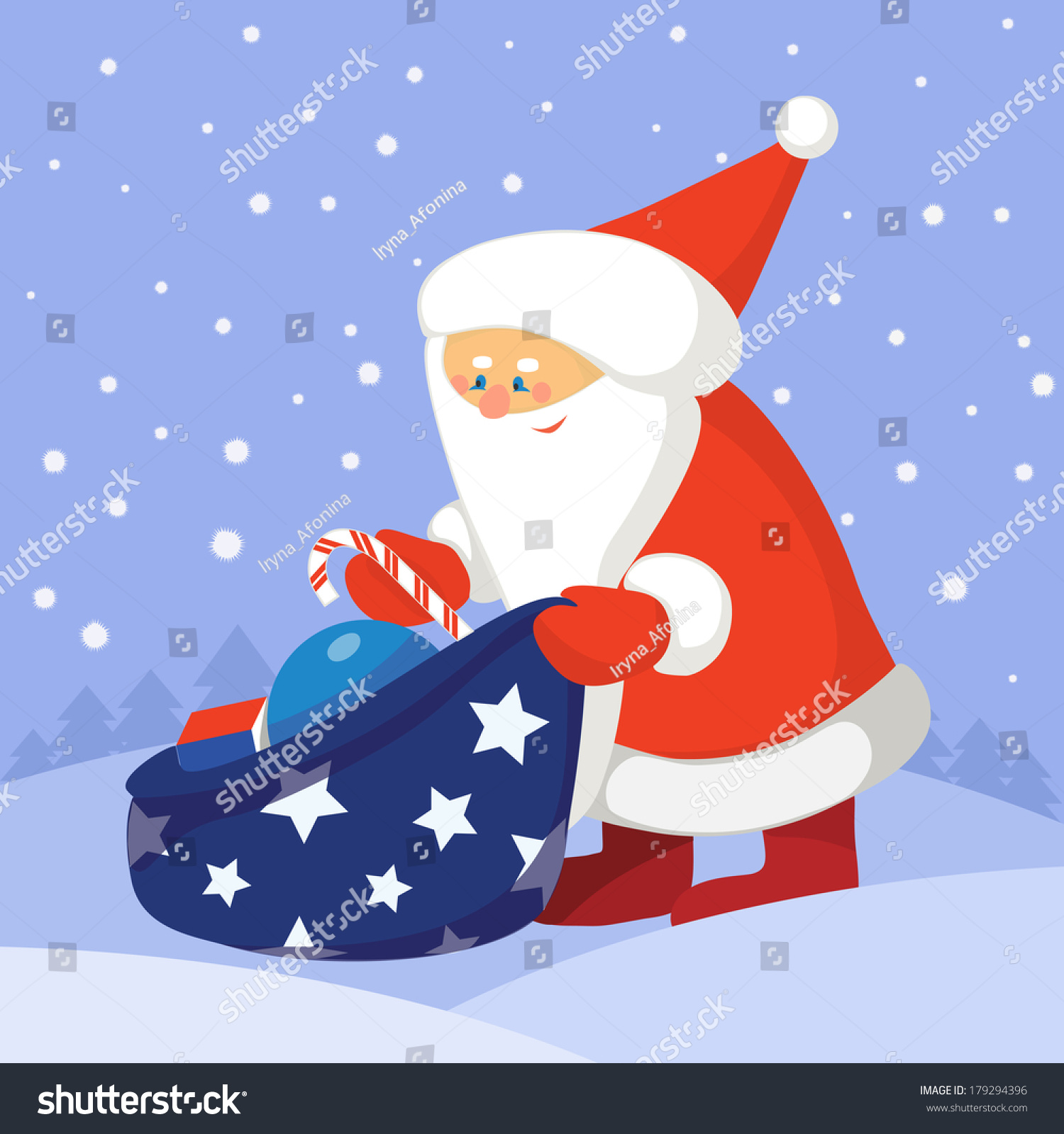 Santa Claus Putting Gifts In A Sack Stock Vector Illustration 179294396 ...