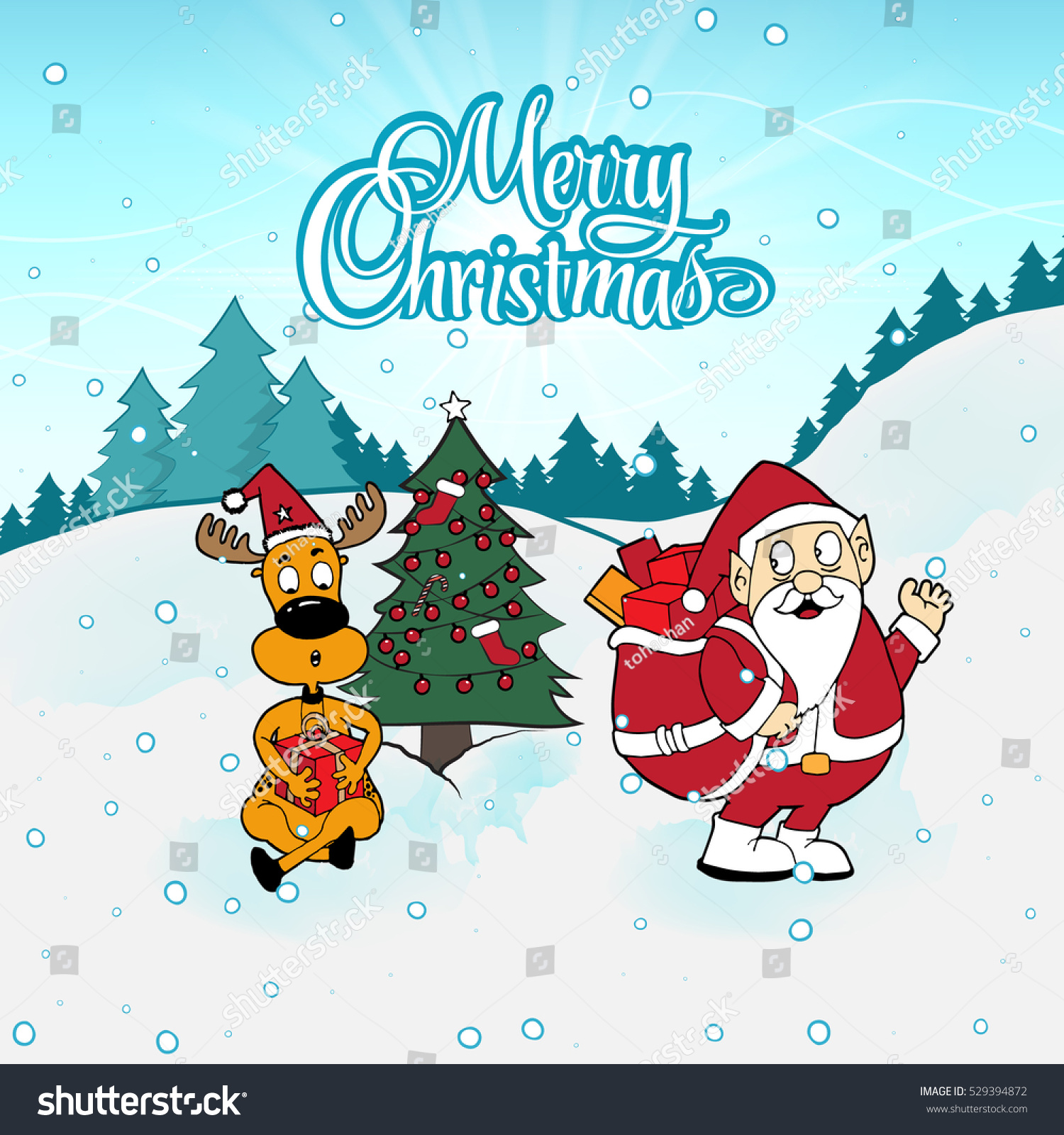 Santa Claus With Gifts Bag On His Shoulder. Deer Hugging Santaâ??S Gift ...