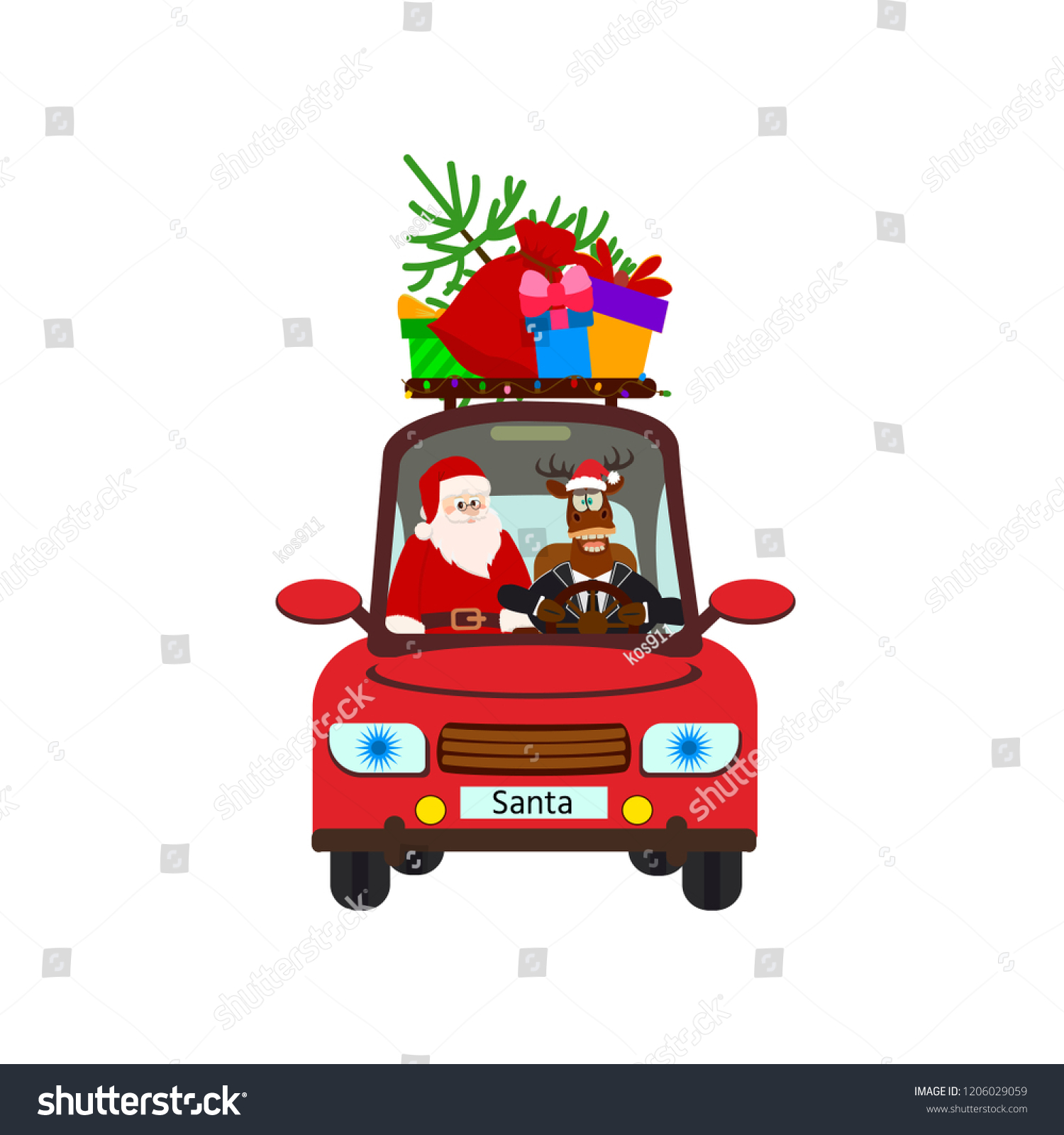 Santa Claus Reindeer Red Car Xmas Stock Vector Royalty Free