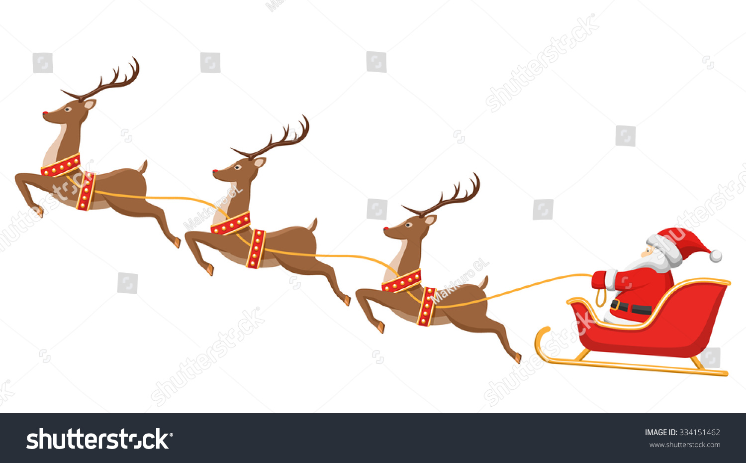 Santa On Sleigh And His Reindeers Isolated On White Background Stock ...