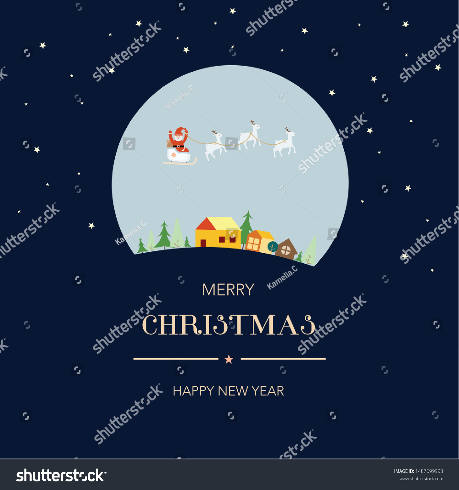 Santa Sleigh Flying Into Winter Village Stock Vector (Royalty Free ...