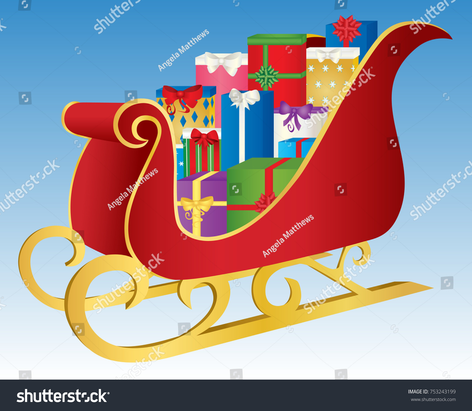 red sleigh with gifts on blue background clip art preview