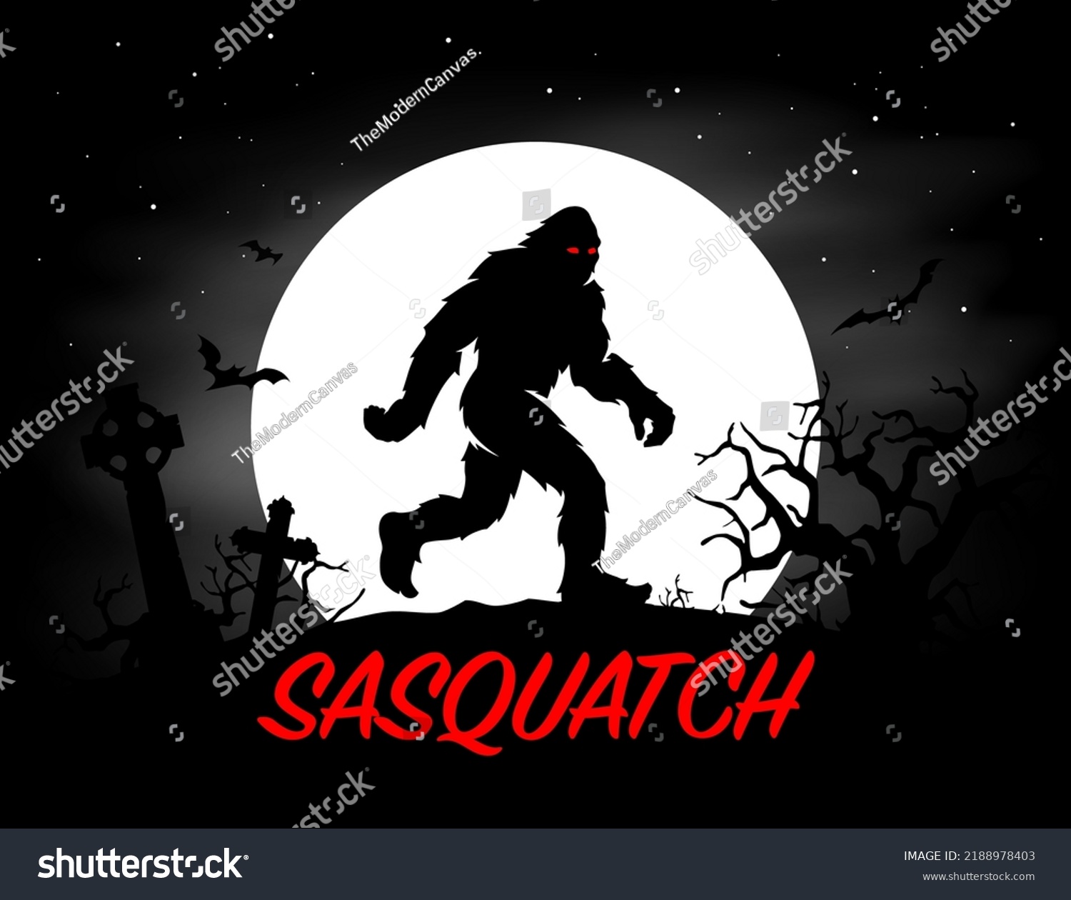 SVG of Sasquatch full moon halloween poster. Haunted cemetery bigfoot silhouette. Hairy cryptid creature graphic. Vector illustration. svg