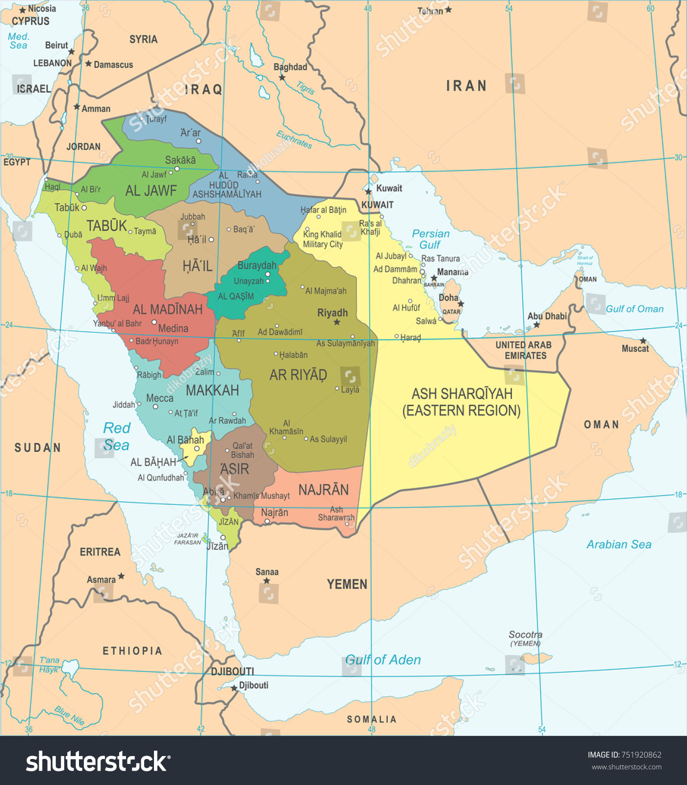 Vektor Stok Saudi Arabia Map High Detailed Vector Tanpa Royalti