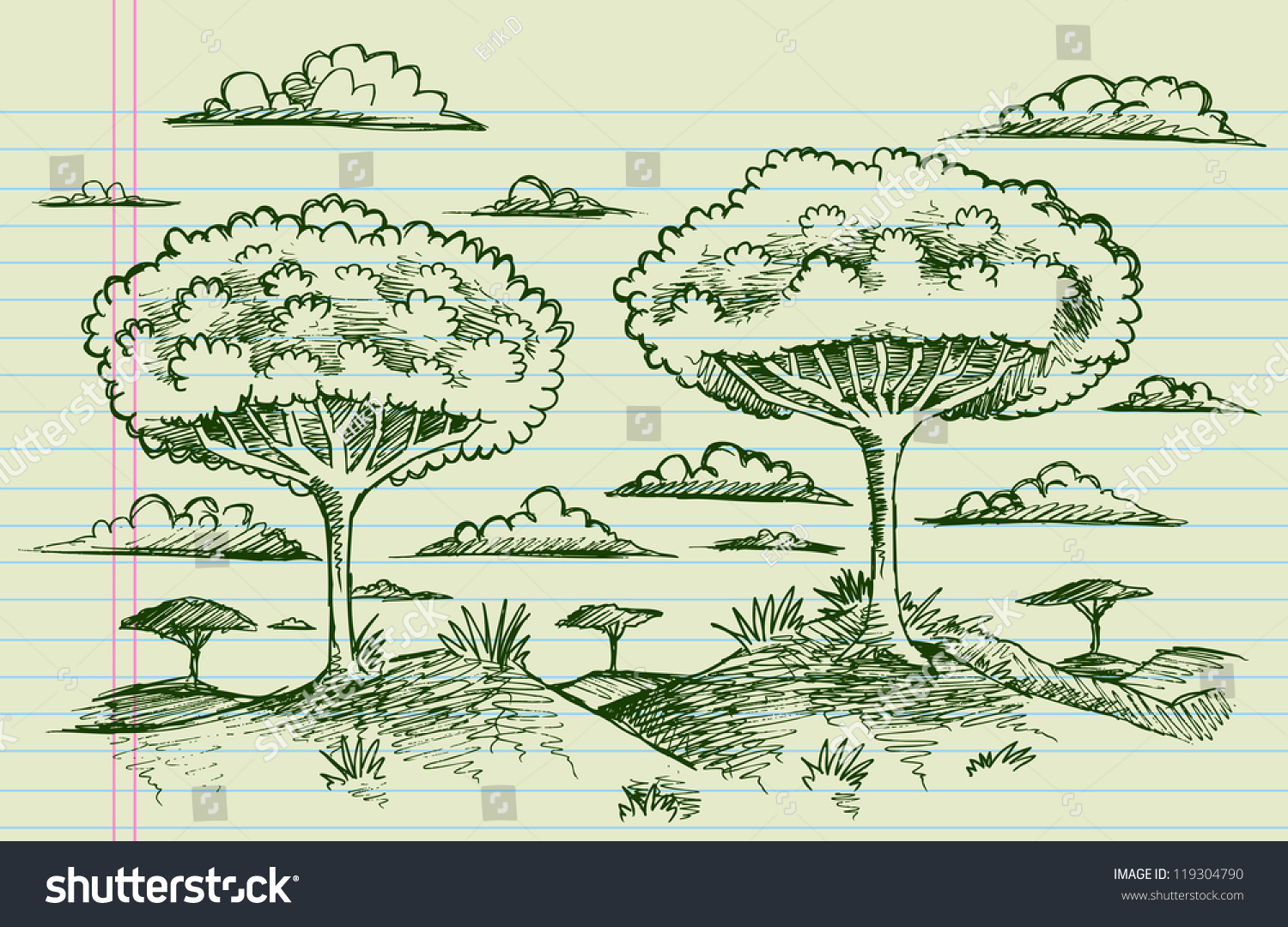 Savannah Forest Cartoon Landscape Sketch Doodle Vector - 119304790 ...