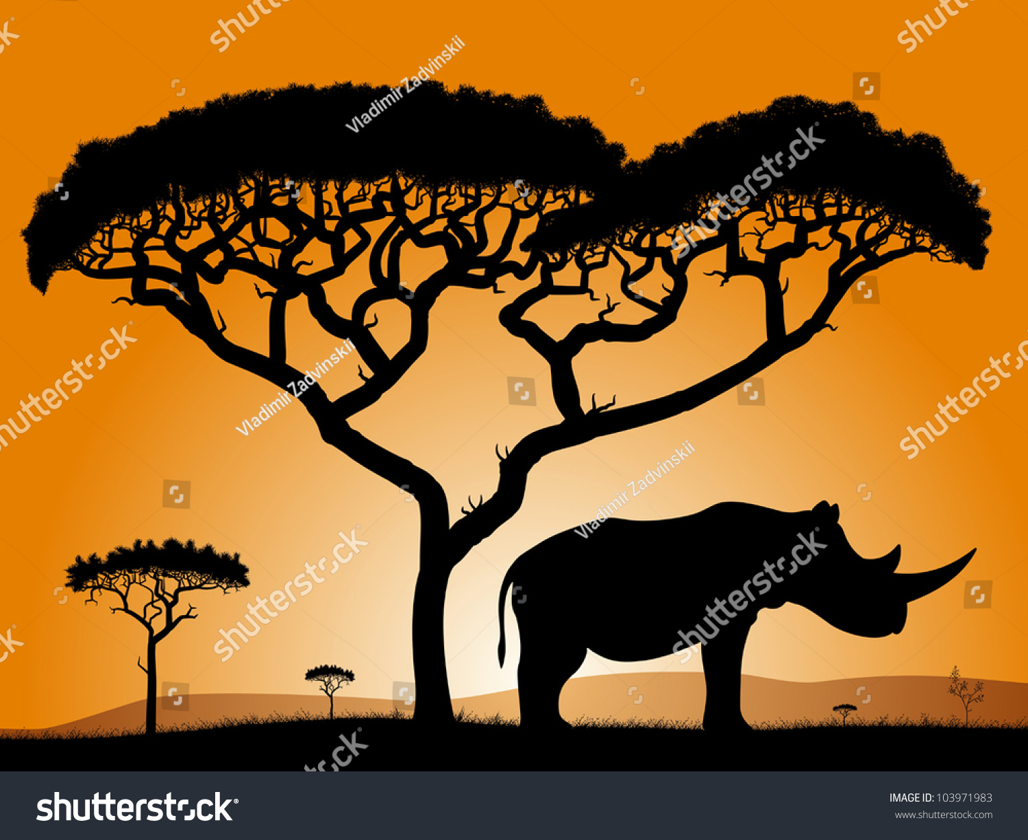 Savannah Rhino Dawn African Savanna Silhouettes Vector De Stock Libre De Regalías 103971983 