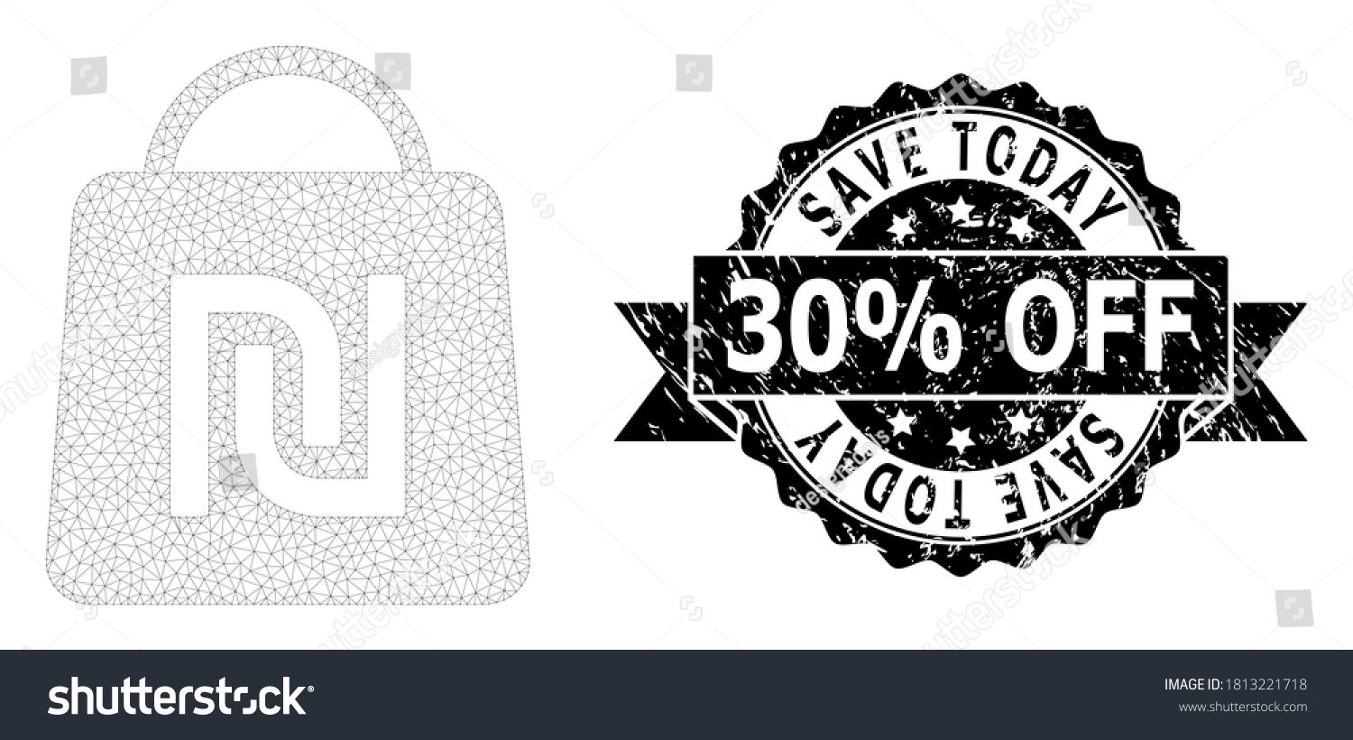 SVG of Save Today 30% Off dirty stamp seal and vector shekel shopping bag mesh model. Black stamp seal contains Save Today 30% Off caption inside ribbon and rosette. Abstract flat mesh shekel shopping bag, svg