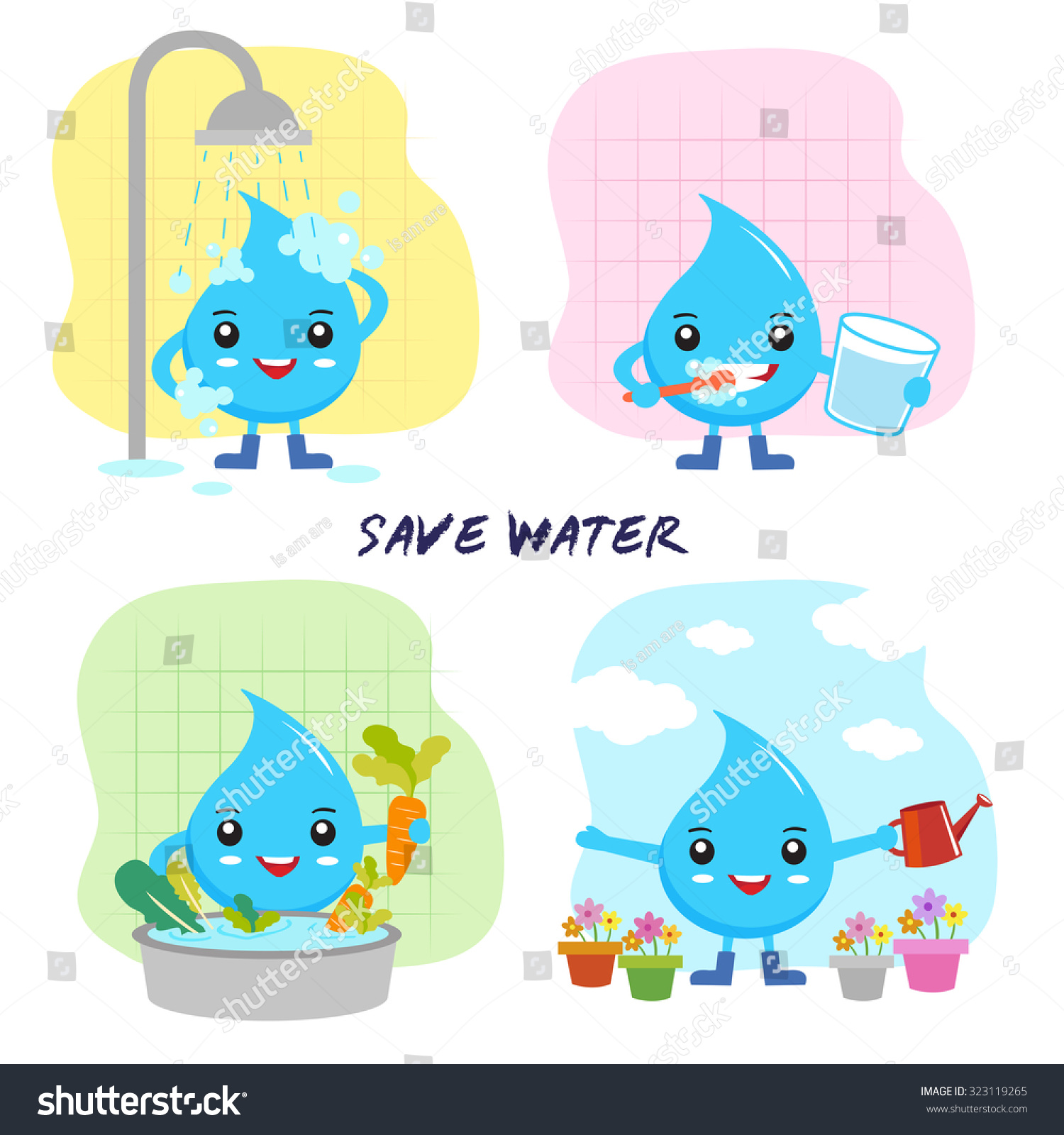 Save Water Concept, Save The World, Cartoon Water Drops Character Stock ...