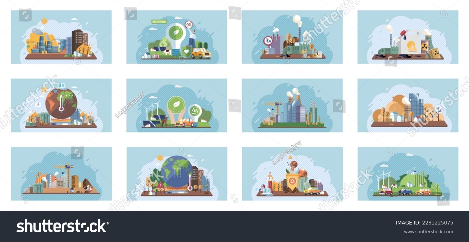 SVG of Saving the planet, World Environment Day. Planet Earth in smoke, plastic, garbage. Global warming set. Climate change. Earth day. Eco activist. Ecological catastrophy. Earth with reasons of destroying svg