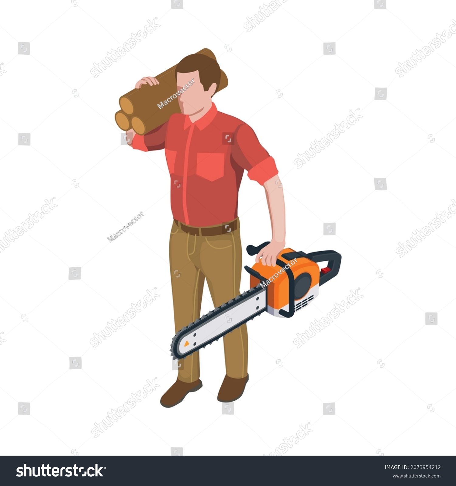 recommend clip art: Sawmill timber mill lumberjack isometric composition with character of man carrying wood and chain saw vector illustration