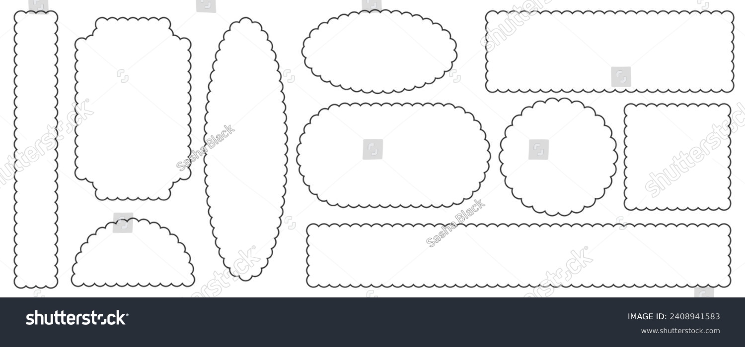 SVG of Scallop edge border and frame. Square circle and rectangle shape. Vector lace frill. Simple cute label. Outline decorative collection. svg
