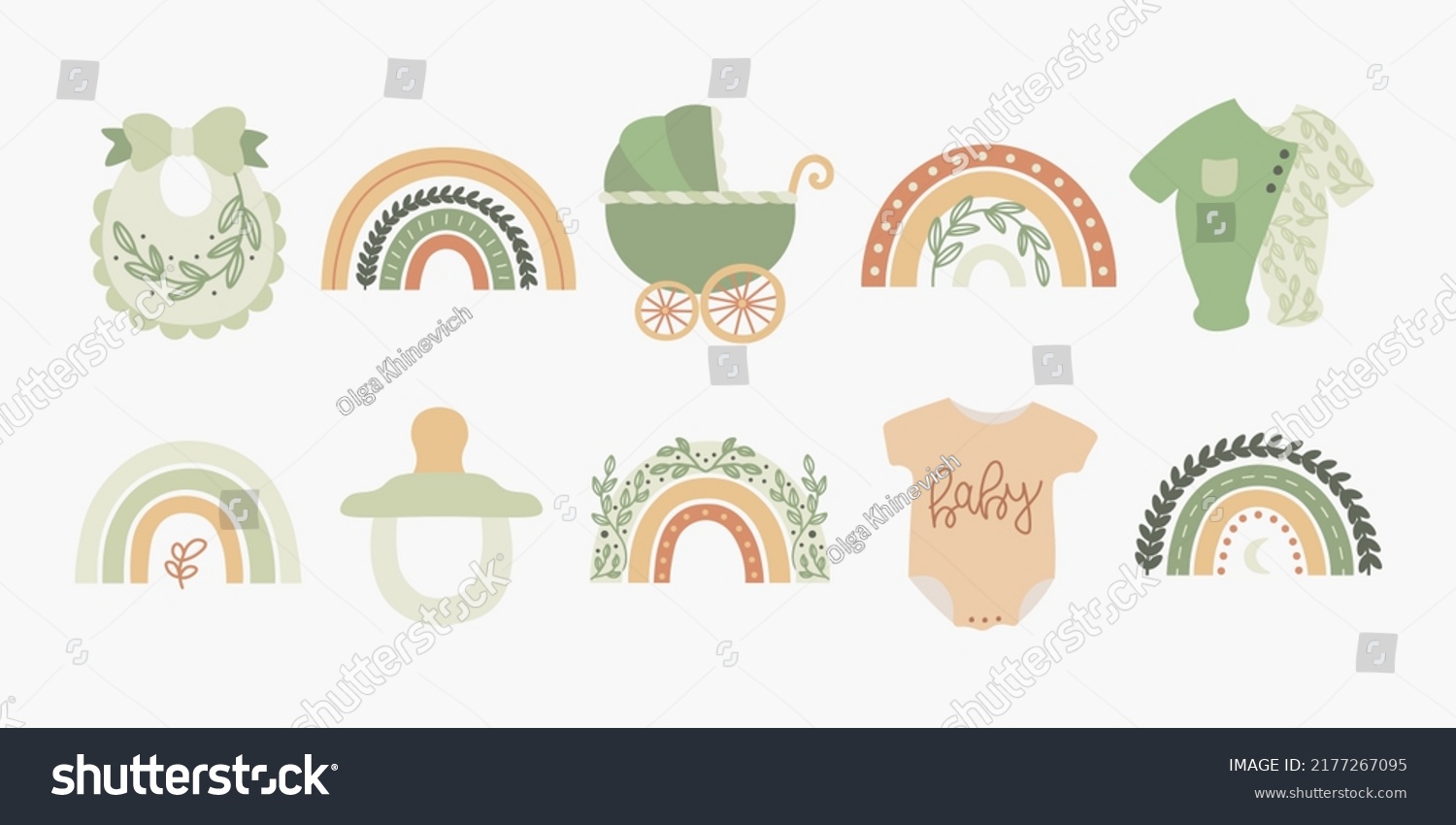 SVG of Scandinavian boho set with rainbows, bib, carriage, pacifier, clothes in pastel colors. Hand drawn vector elements for nursery decoration, baby shower, party, poster, invitation, postcard svg