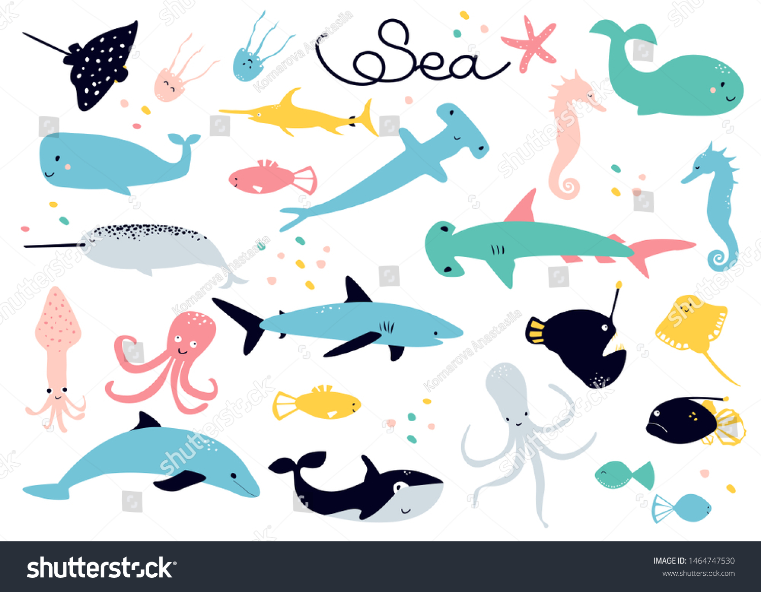 海の動物をテーマにしたスカンジナビアの漫画コレクション スティングレイ クラゲ 魚 魚の剣 ナルワル イカ カラマリア イルカ タコ ハマーヘッドシャーク サメ クジラ ヒトデ のベクター画像素材 ロイヤリティフリー 1464747530