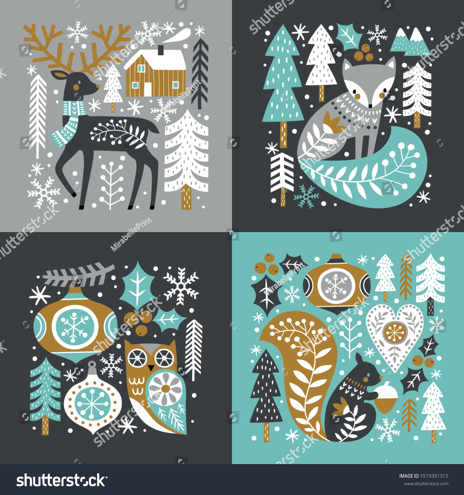 Download Scandinavian Christmas Illustration Cute Woodland Animals Stock Vector Royalty Free 1519391315 PSD Mockup Templates