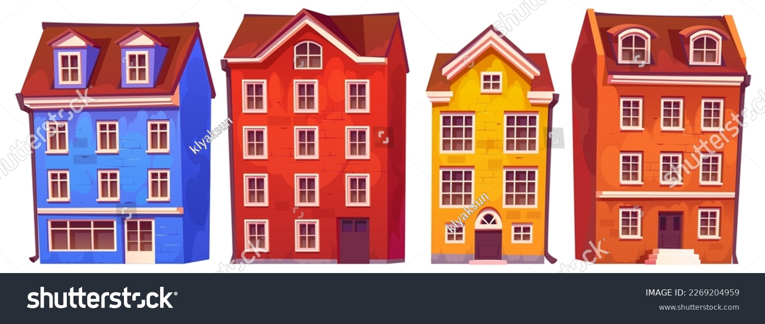 SVG of Scandinavian city houses and buildings. European town street real estate. Exterior of sweden architecture, houses with shop or cafe storefront isolated on white background, vector cartoon set svg