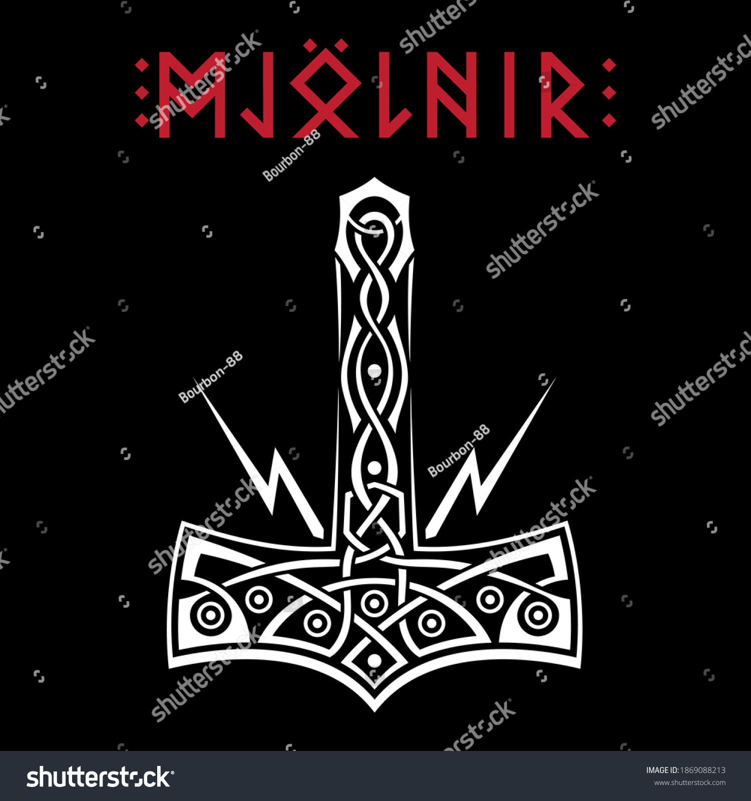 SVG of Scandinavian design. Thors hammer - Mjolnir and Norse runes. Inscription Mjolnir - hammer of God Thor, isolated on white, vector illustration svg