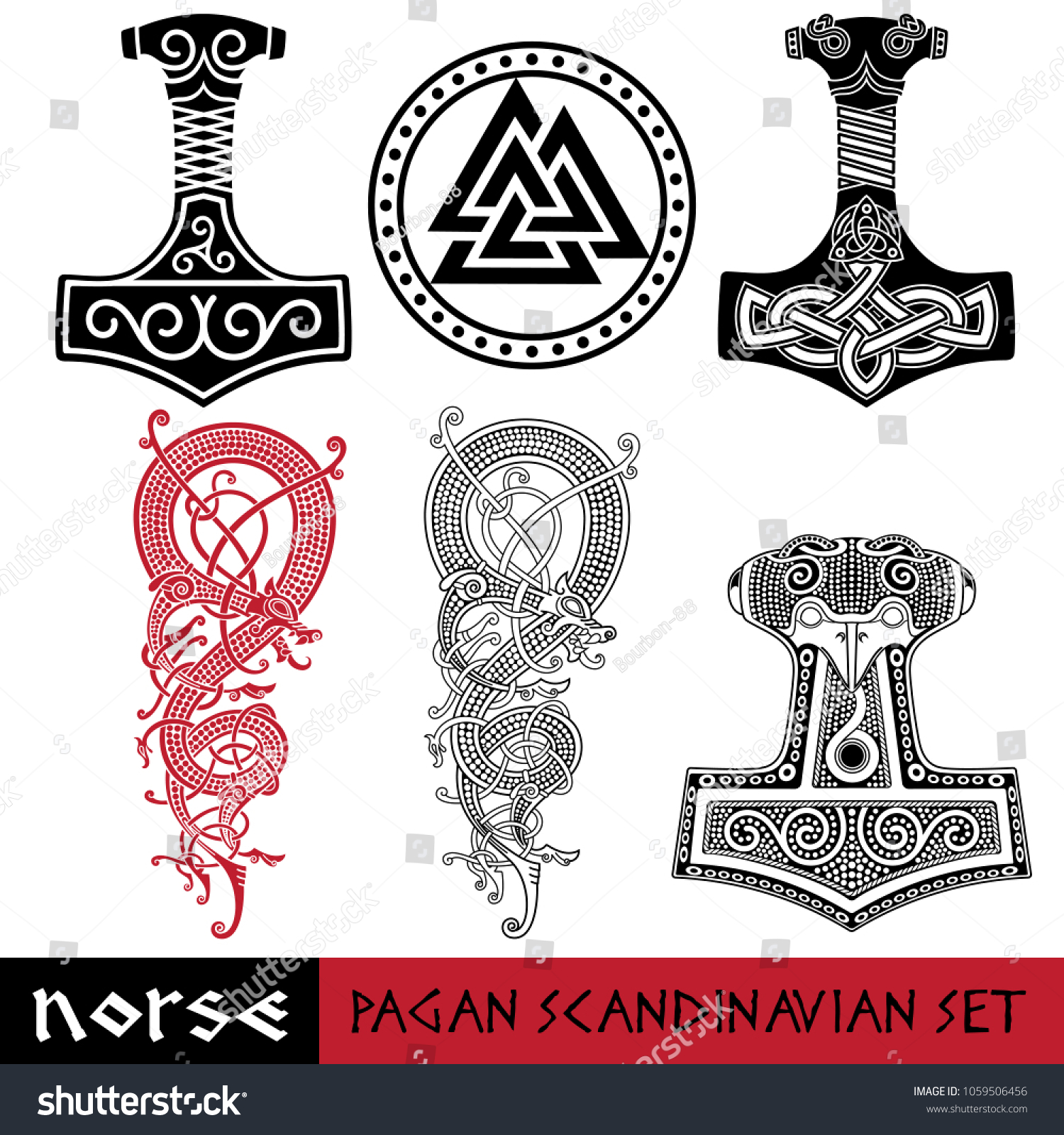 SVG of Scandinavian pagan set - Thors hammer - Mjollnir, Odin sign - Valknut and world dragon Jormundgand. Illustration of Norse mythology, isolated on white, vector illustration svg