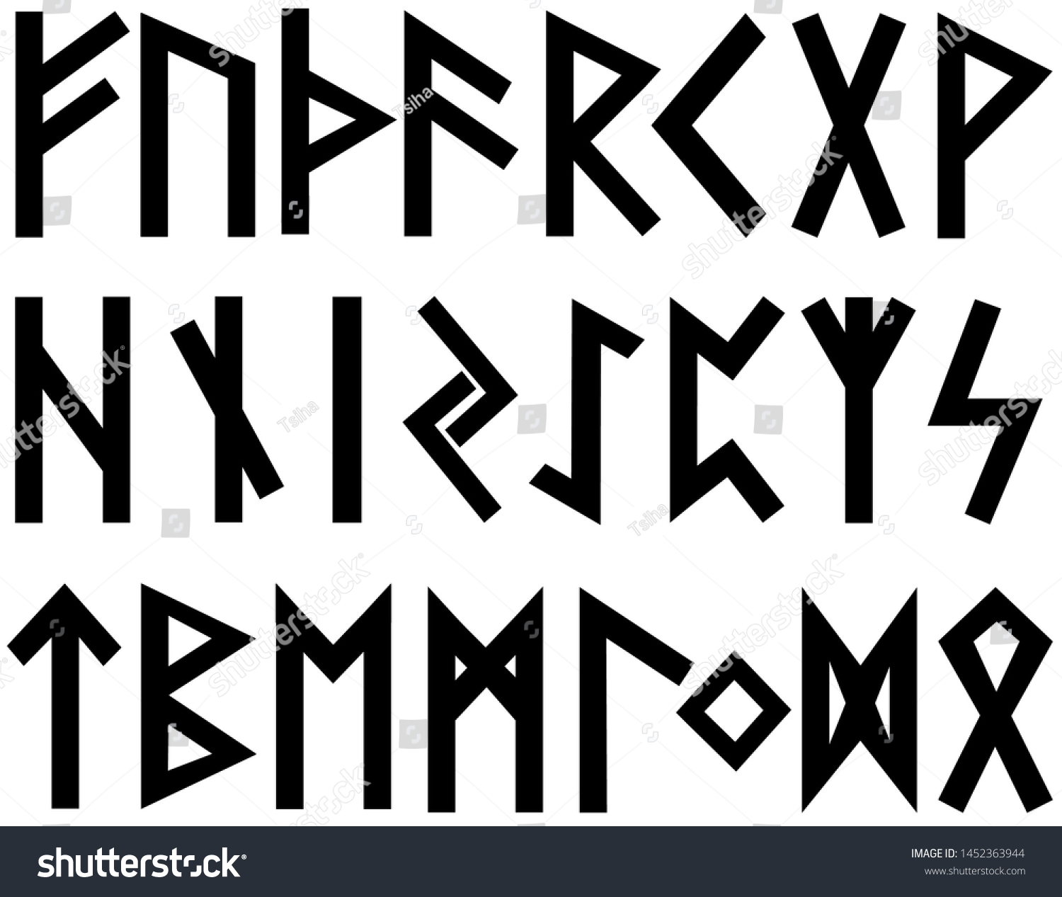 白い背景にスカンジナビアのルーンは黒い文字です 古いノールのルーンのセット ルーン語のアルファベット フターク 白い背景に古いオカルトのバイキング文字 ルーンフォント のベクター画像素材 ロイヤリティフリー