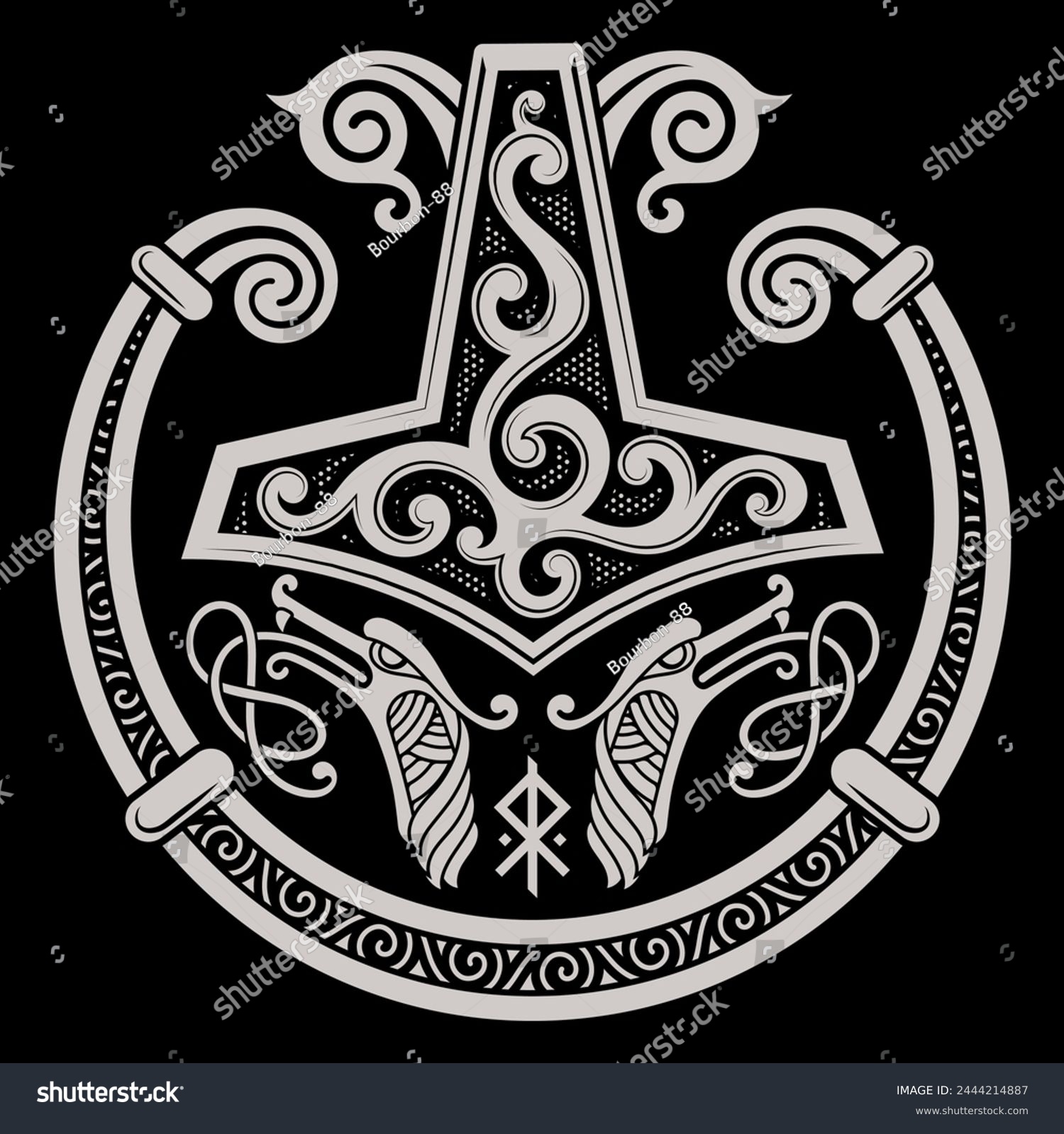 SVG of Scandinavian Viking design. Thors Hammer and the Scandinavian ornament, isolated on black, vector illustration svg