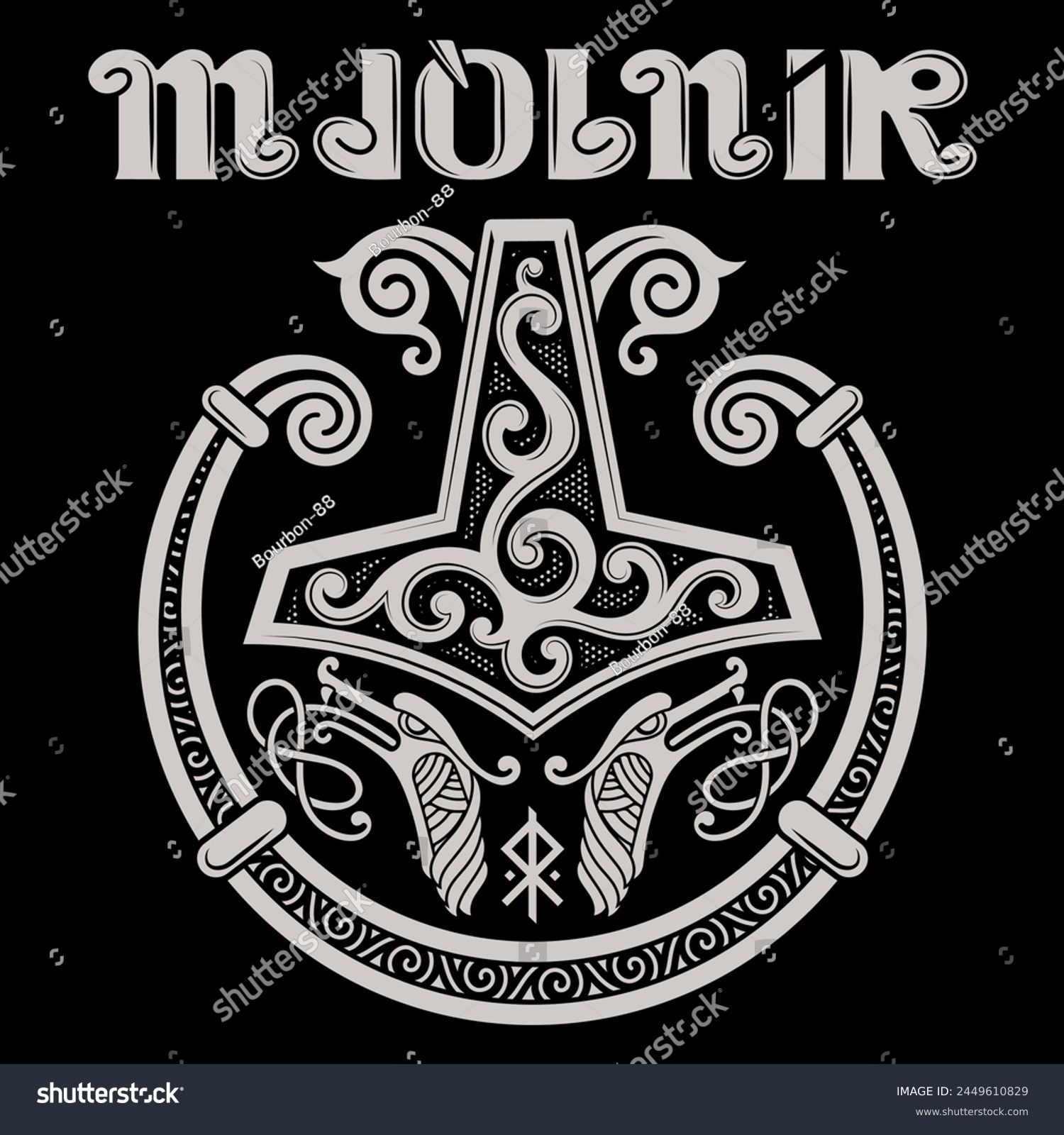 SVG of Scandinavian Viking design. Thors hammer, Old Norse decoration, dragons and the inscription Mjolnir drawn in Old Norse Celtic style, isolated on black, vector illustration svg