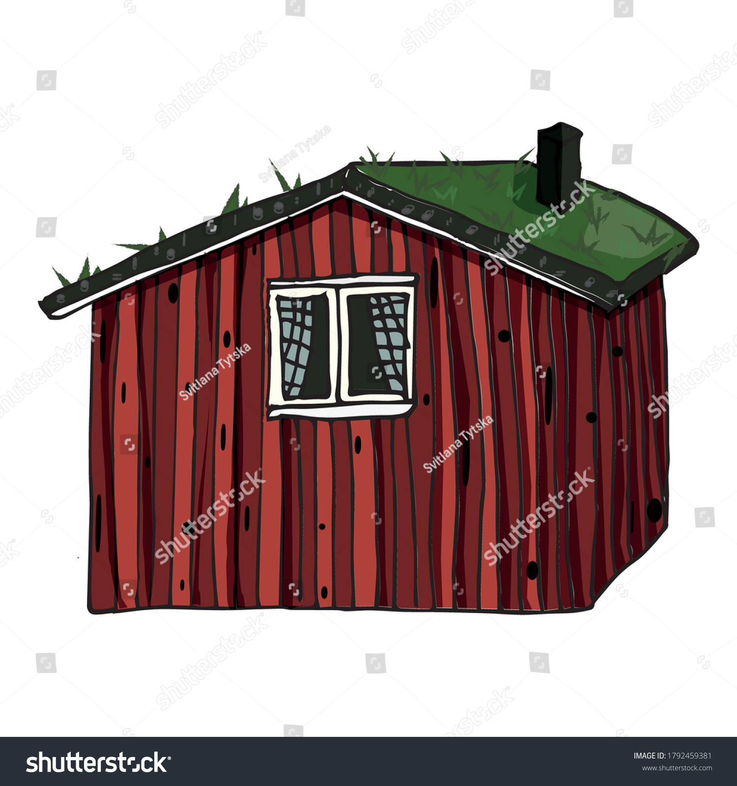 SVG of scandinavian wooden red isolated house with grass on the roof on white background svg