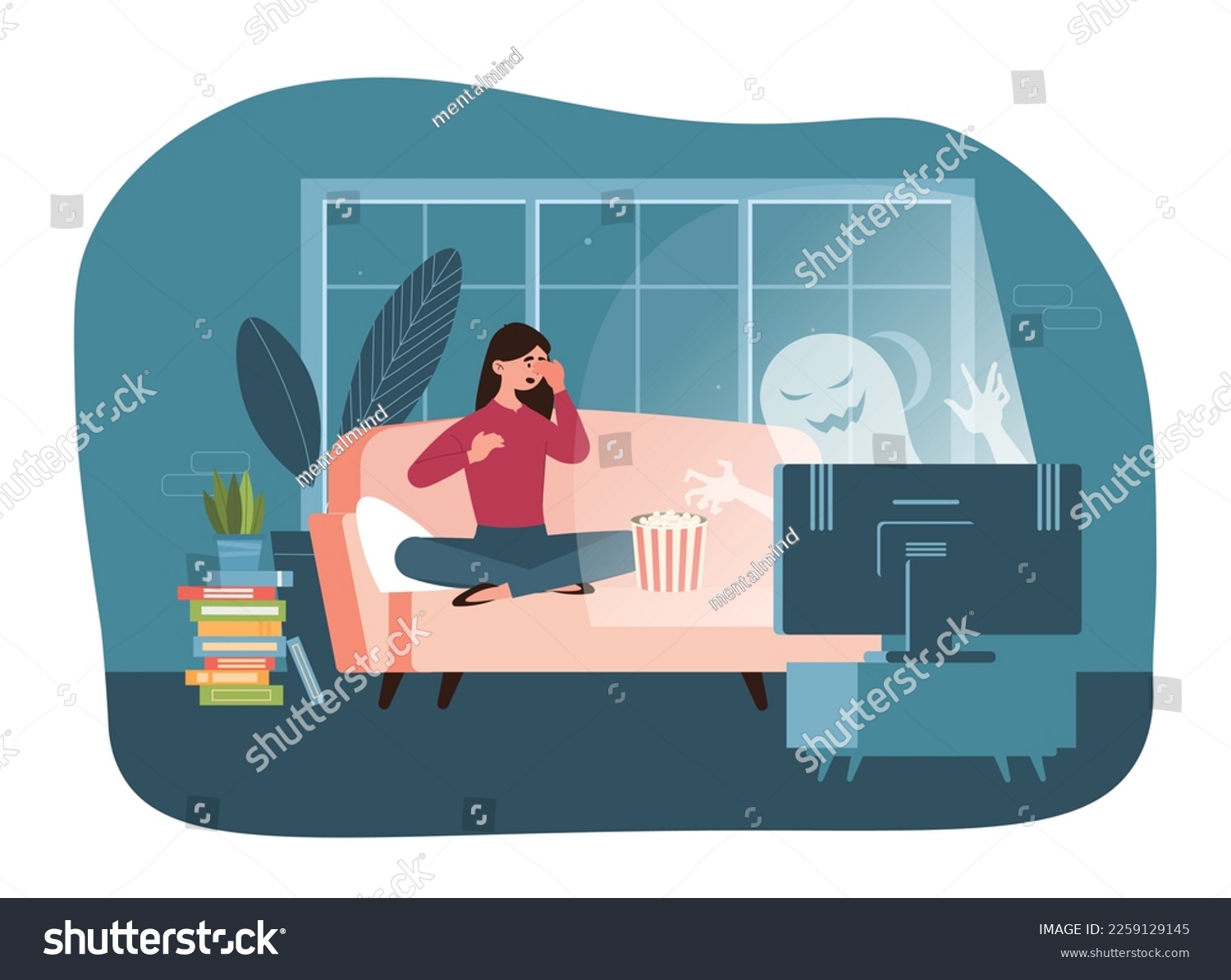 SVG of Scary films watch. Young girl with popcorn sits on couch and looks at TV screen with ghost. Evening rest after work or study. Horror movie at home or apartment. Cartoon flat vector illustration svg