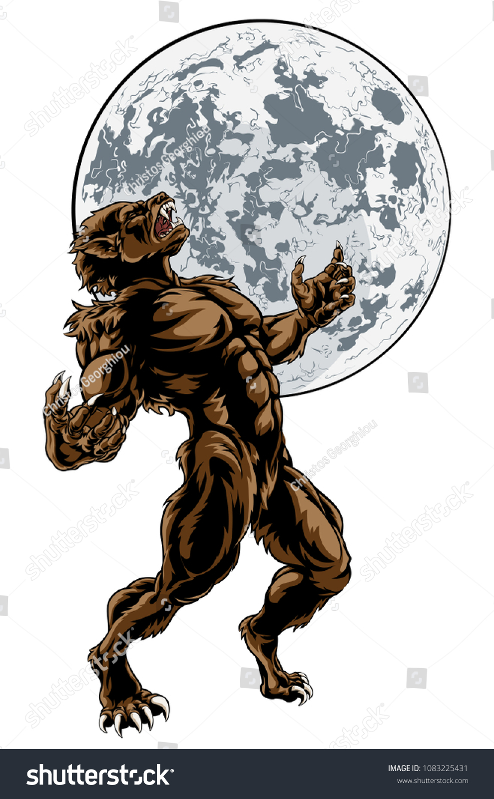 怖いオオカミ人狼男ホラーモンスターが満月に向かって遠吠え のベクター画像素材 ロイヤリティフリー