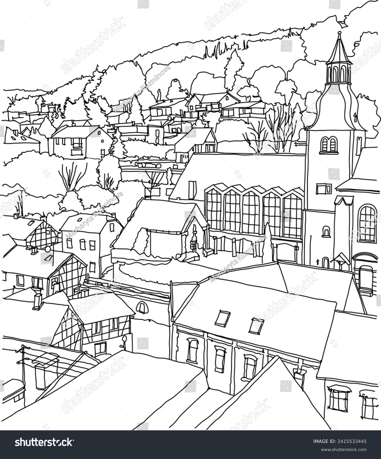 SVG of Scene street illustration. Hand drawn ink line sketch European old town Heimbach, Germany  with buildings, cathedral in outline style. Ink drawing of cityscape, perspective view. Bird view svg