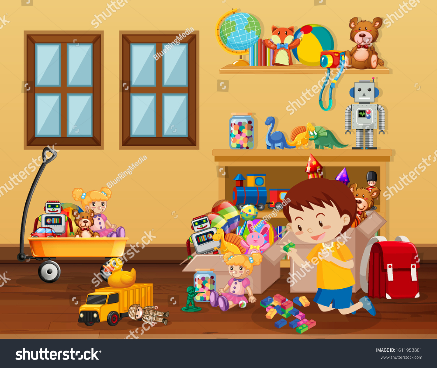 Scene Boy Playing Toys On Floor Stock Vector (Royalty Free) 1611953881