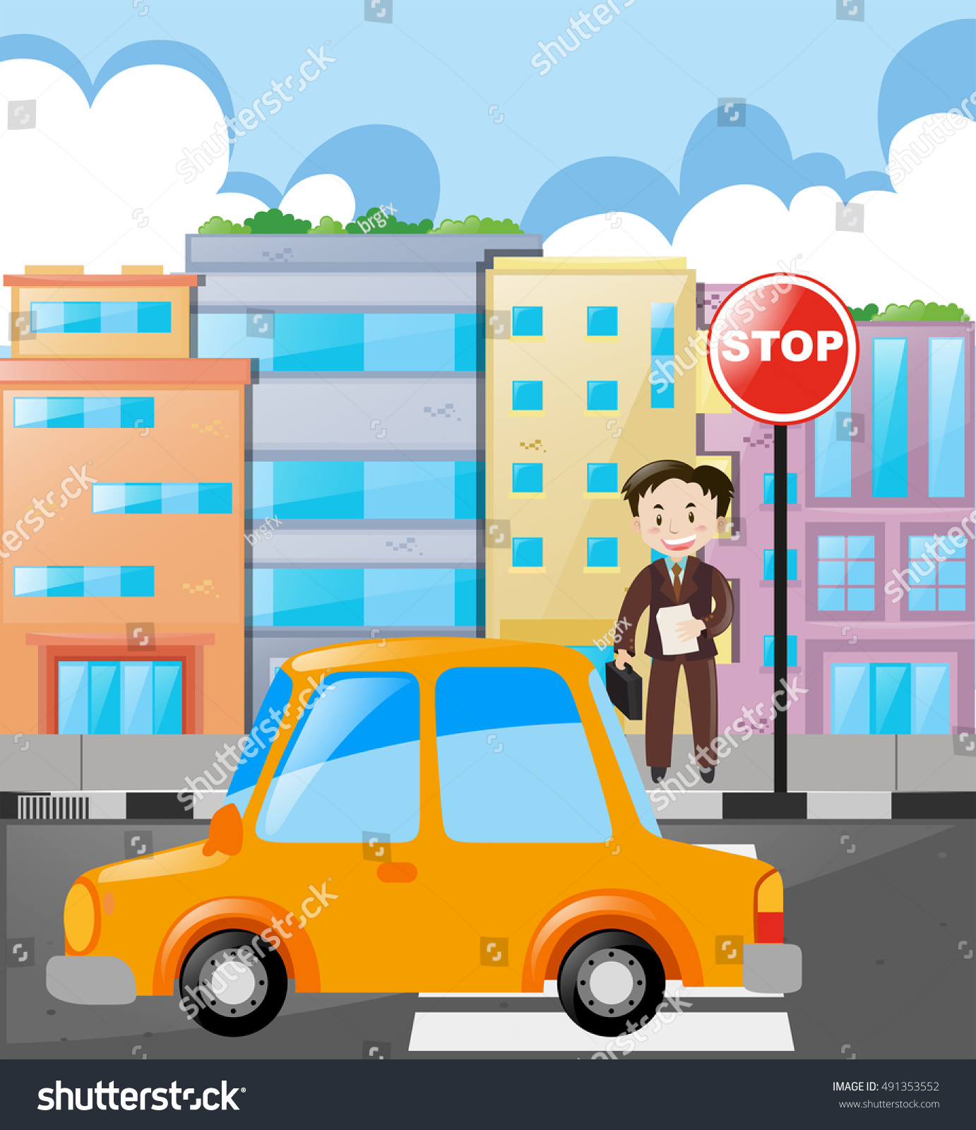 Scene With Man And Car On The Road Illustration - 491353552 : Shutterstock