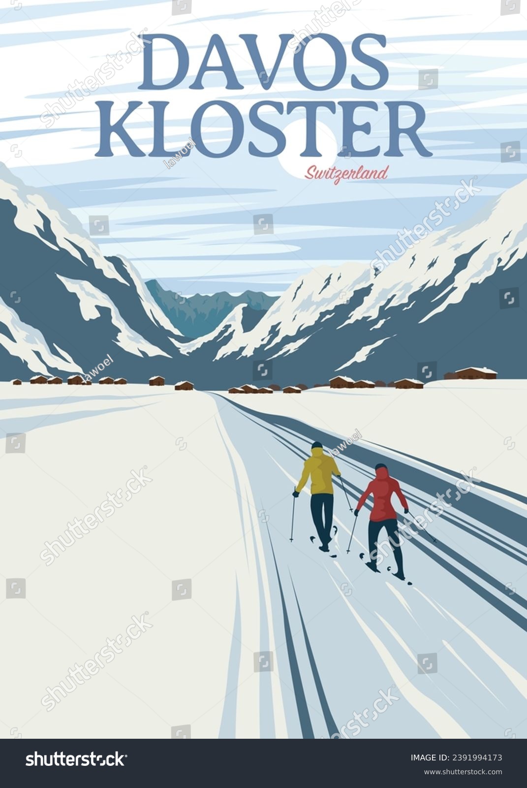 SVG of scenery of winter with couple skiing in davos kloster poster, switzerland travel poster vintage illustration design svg