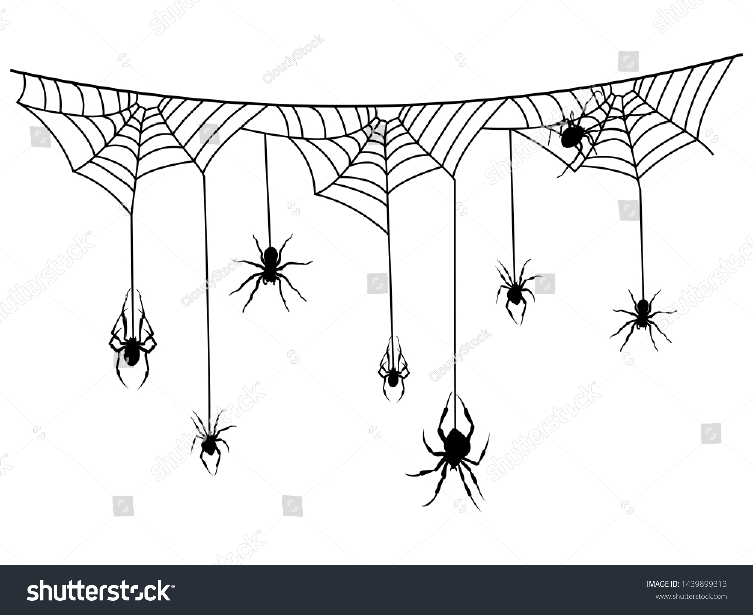 ハロウィーン用のクモの巣とクモのある風景 蜘蛛の巣を持つ花輪の黒いシルエット ハロウィーン用の神秘的なエレメントの風車イラスト のベクター画像素材 ロイヤリティフリー