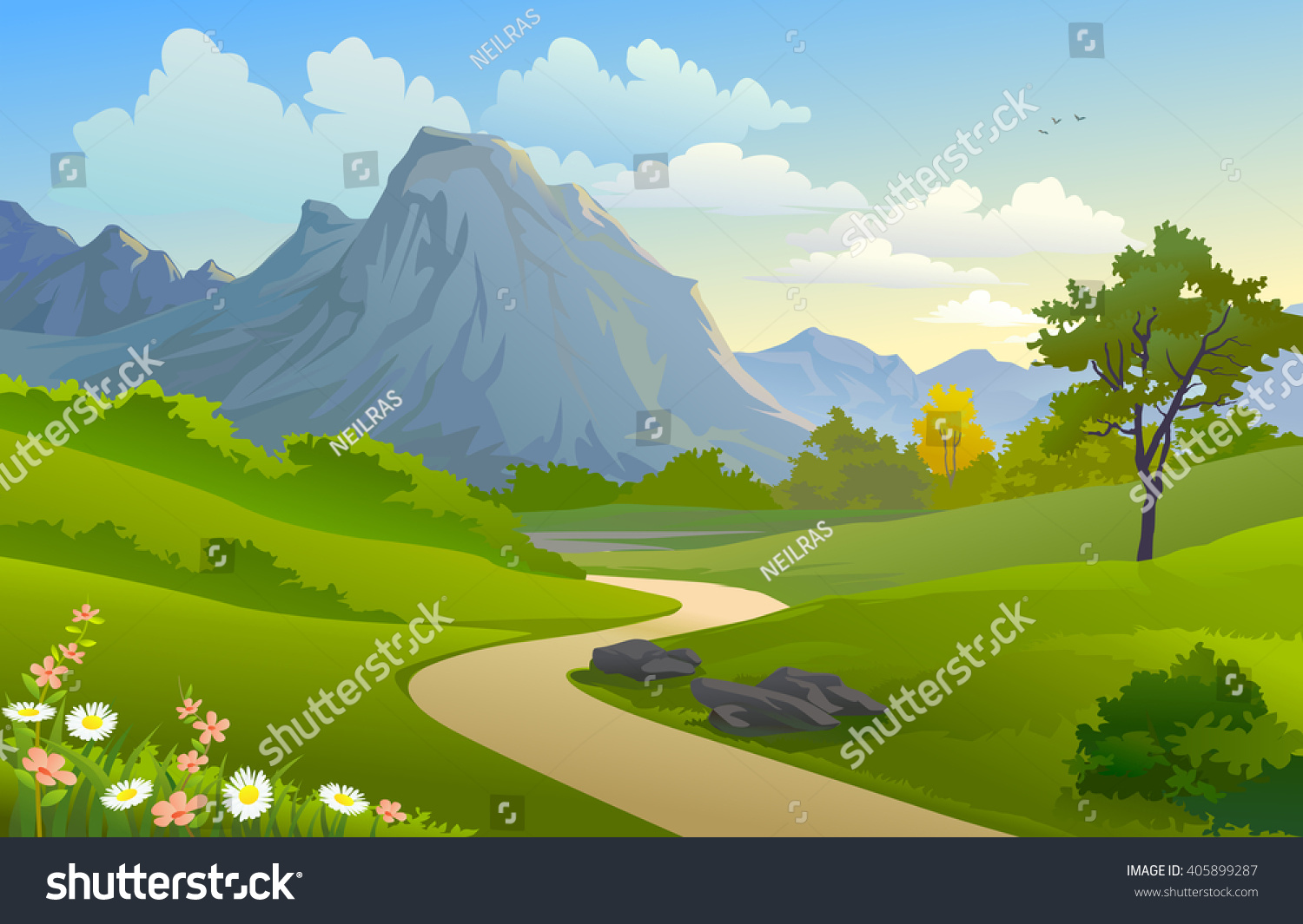Scenic Outdoors 'Mountain And Hilly Pathway' Stock Vector Illustration ...