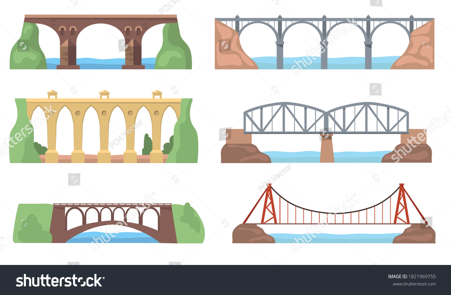SVG of Scenic views with bridges set. Arch constructions, aqueducts, rivers, cliffs, landscapes isolated on white background. Flat vector illustrations for architecture, landmark, transportation concept svg