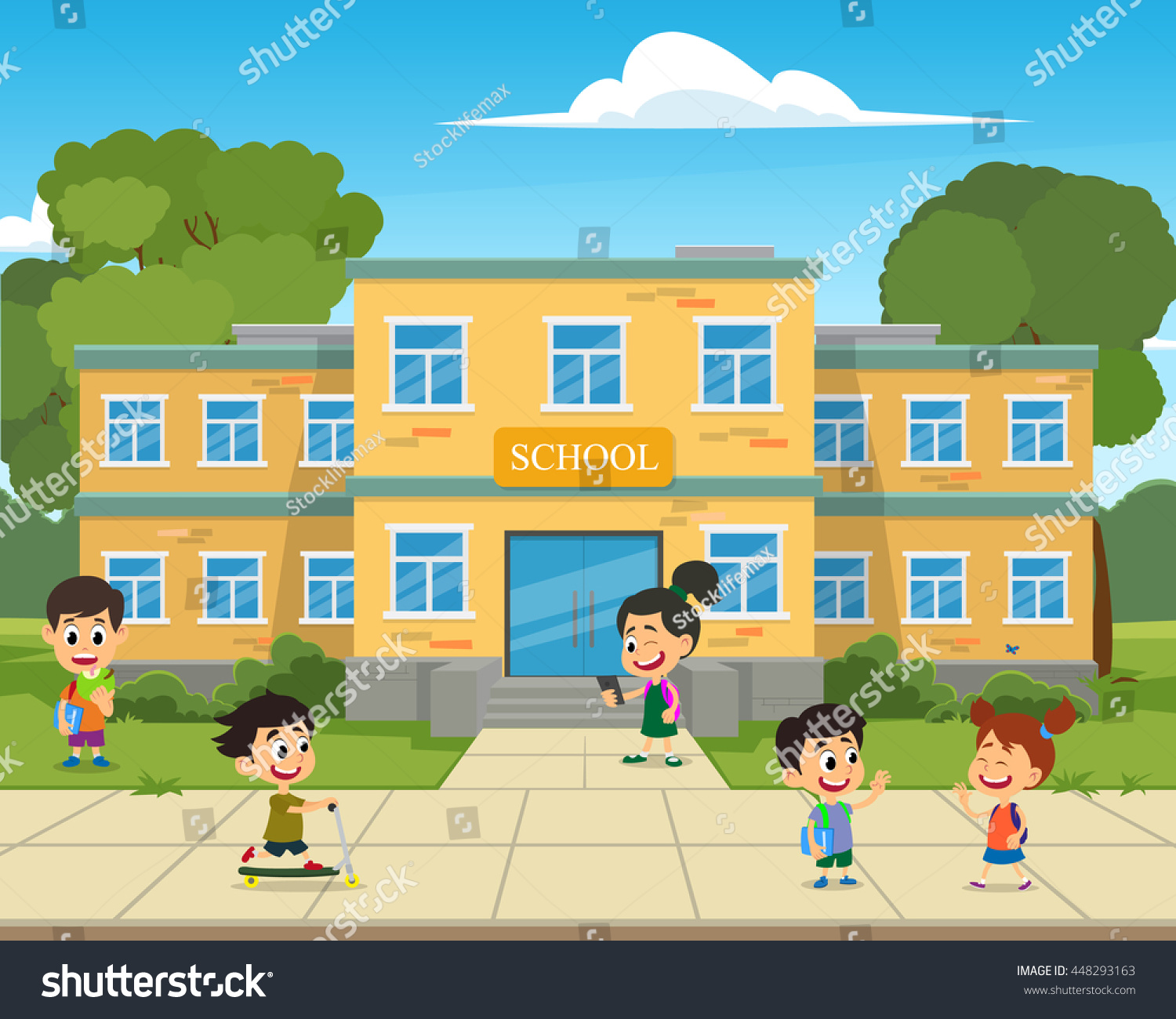 School Building Children Front Yard School Stock Vector (Royalty Free ...