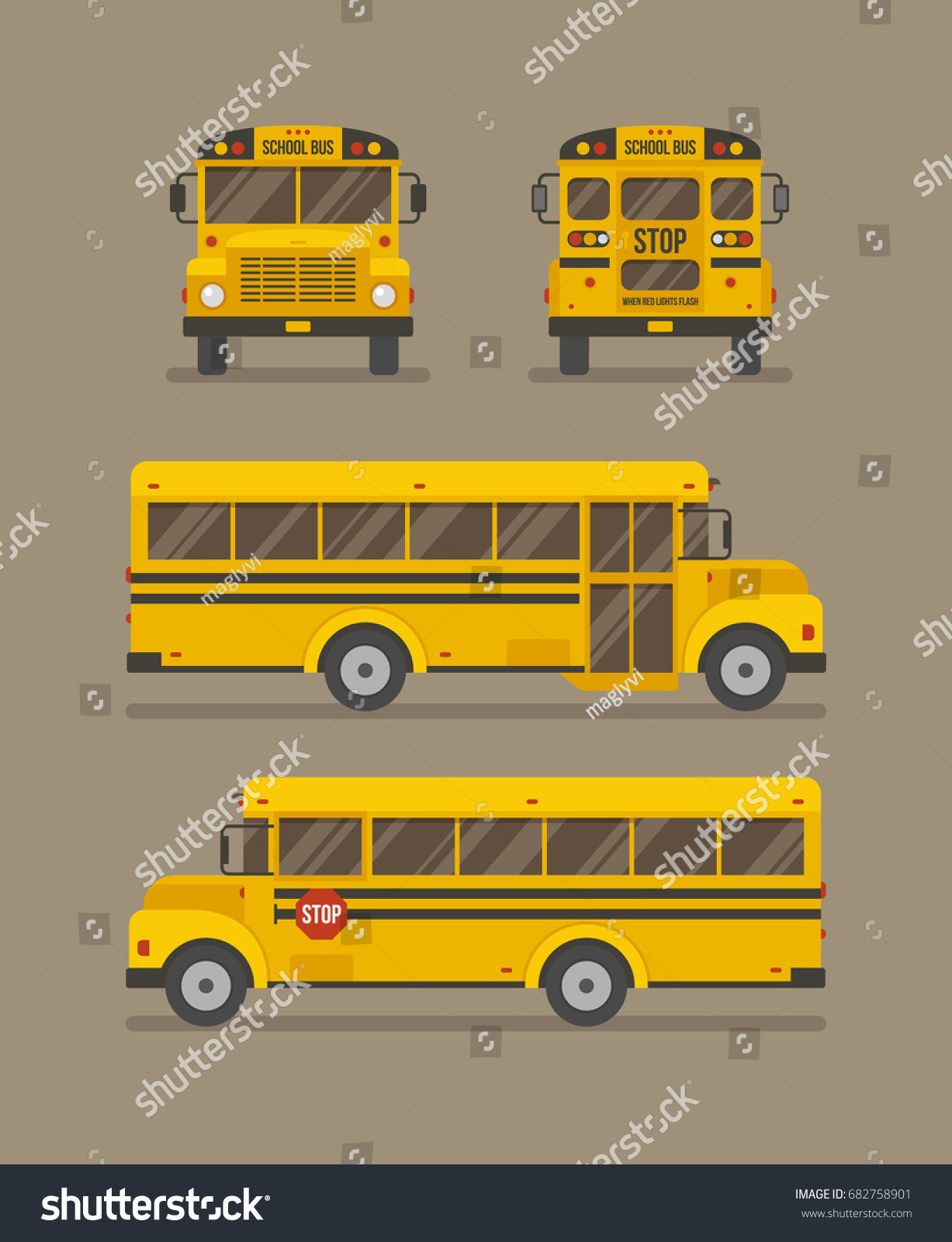 スクールバスのフラットイラスト 正面 背面 および2つの側面図 のベクター画像素材 ロイヤリティフリー
