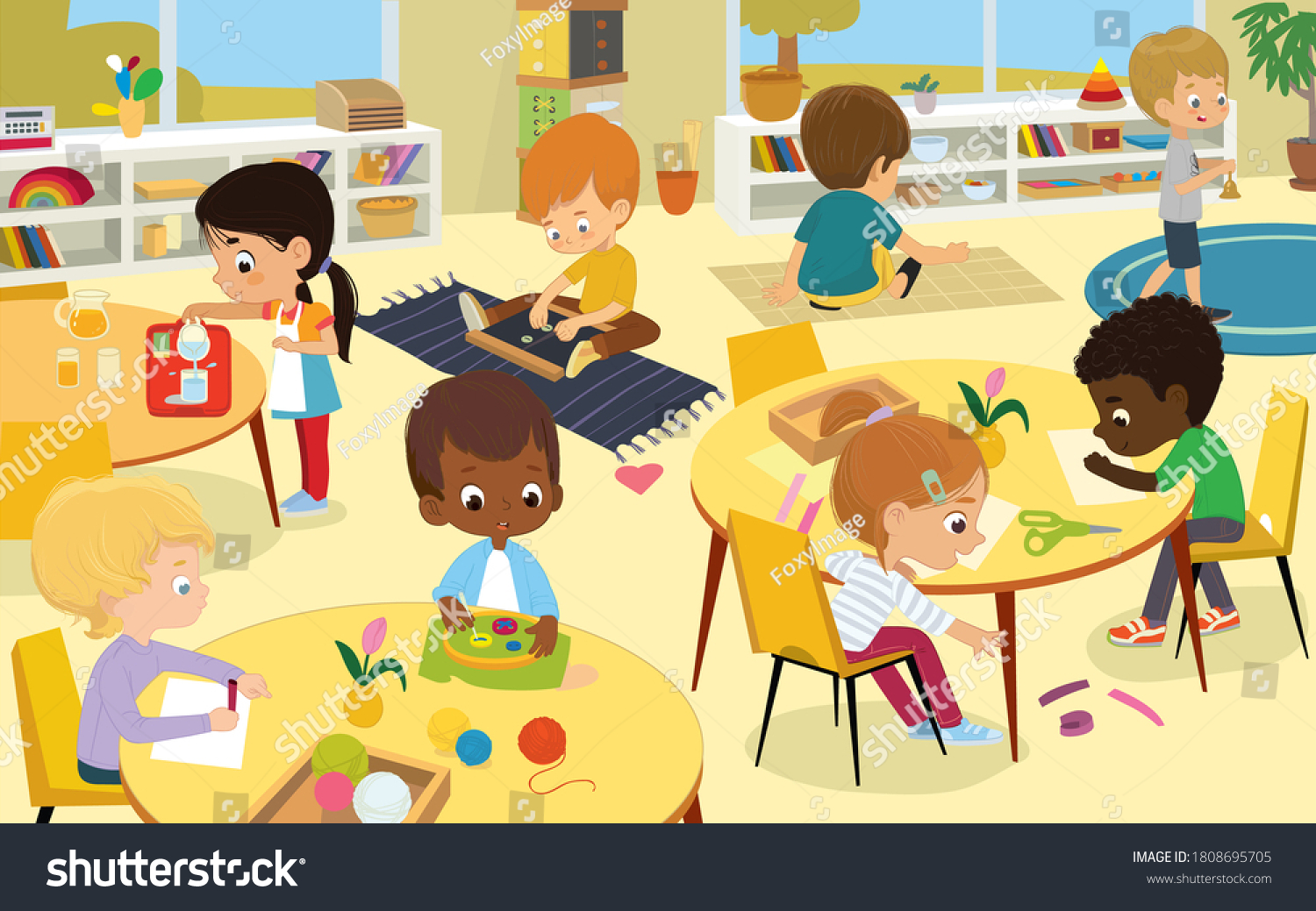 School Class Multicultural Children Play Playroom Stock Vector (Royalty ...