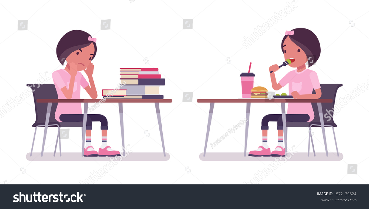 School Girl Studying Eating Desk Cute Stock Vector Royalty Free