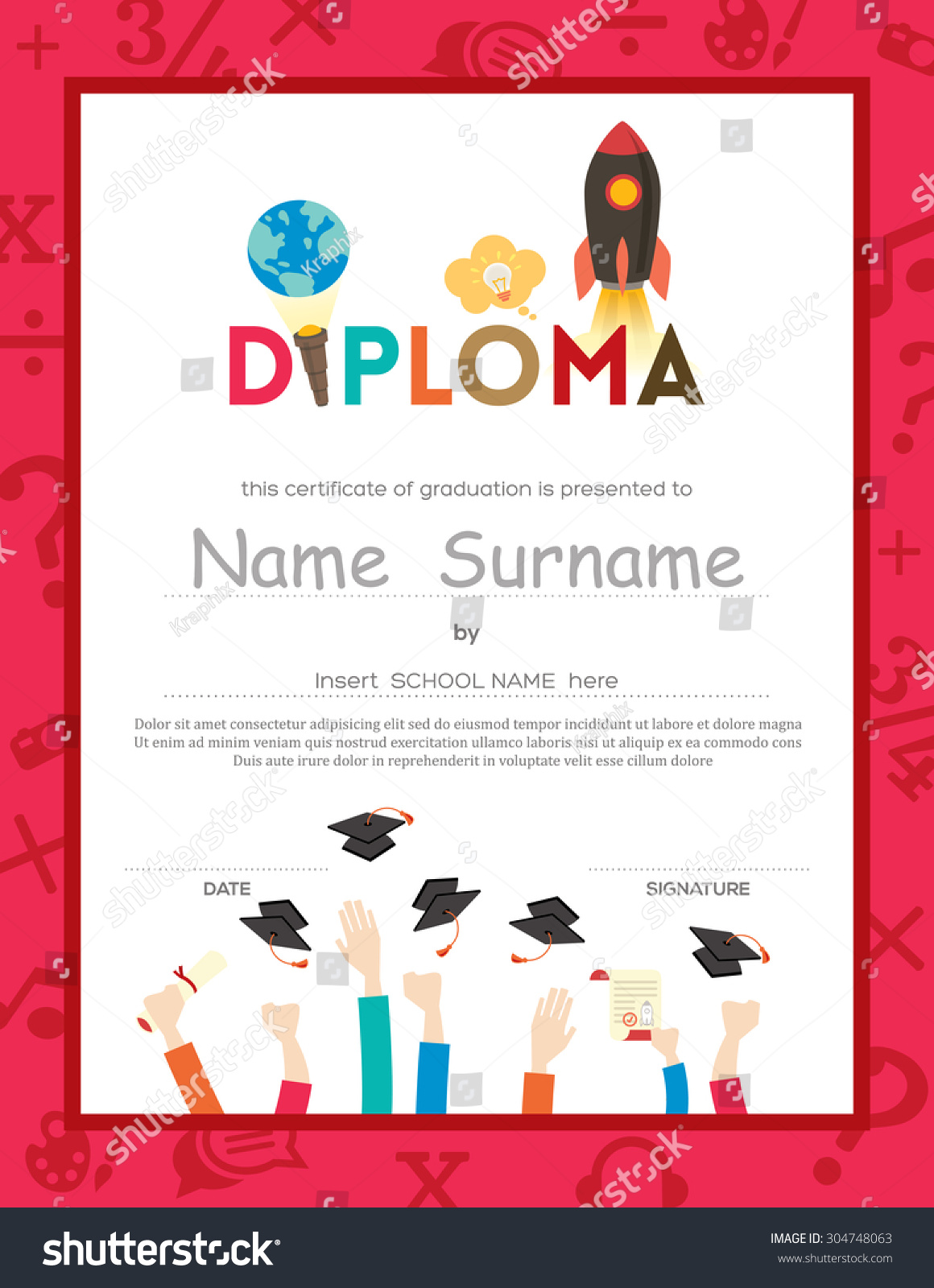 Vektor Stok School Kids Diploma Certificate Background Template Tanpa