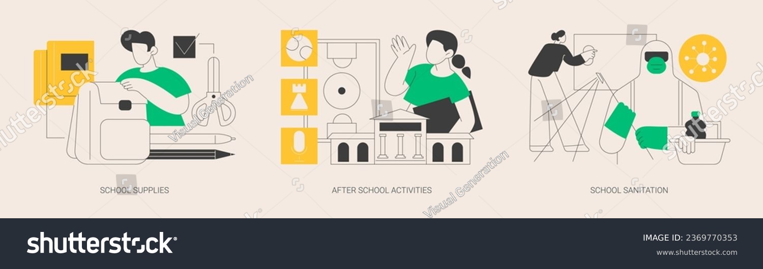 SVG of School life abstract concept vector illustration set. School supplies and stationery, after school activities, debate team, volunteer work, classroom sanitation and disinfection abstract metaphor. svg
