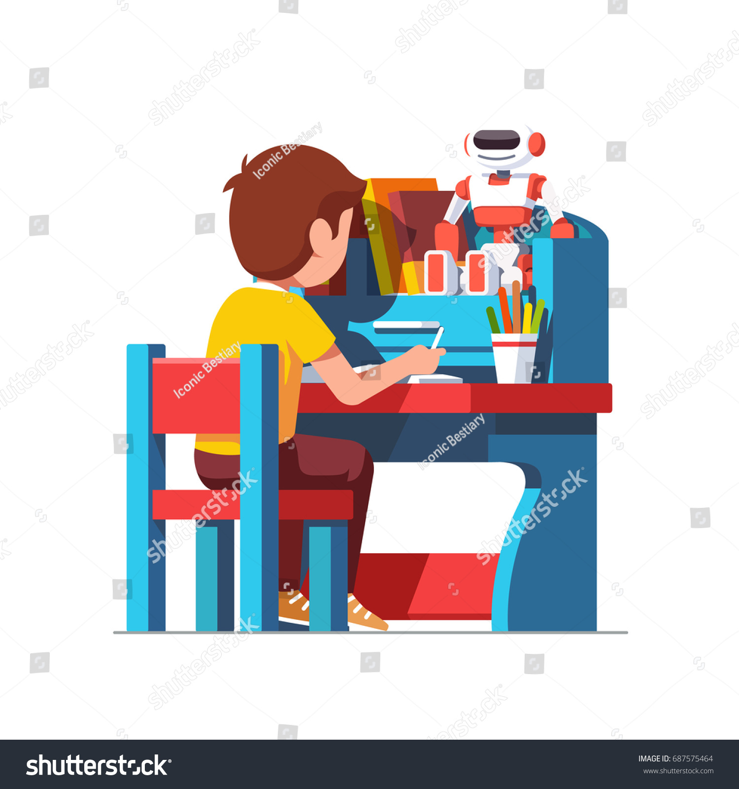 School Preschool Kid Boy Studying Sitting Stock Vector Royalty