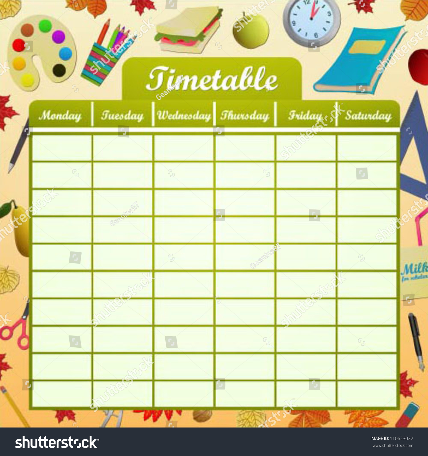 School Schedule Objects Fruits Leaves Stock Vector 110623022 - Shutterstock