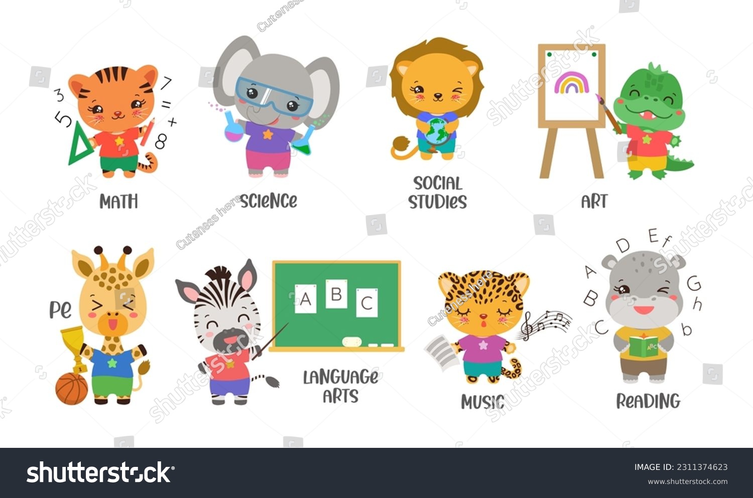 SVG of School subject icons with cute safari animals. Back to school kawaii animal set. Cartoon graphics for educational projects. Fun study elementary subjects. svg