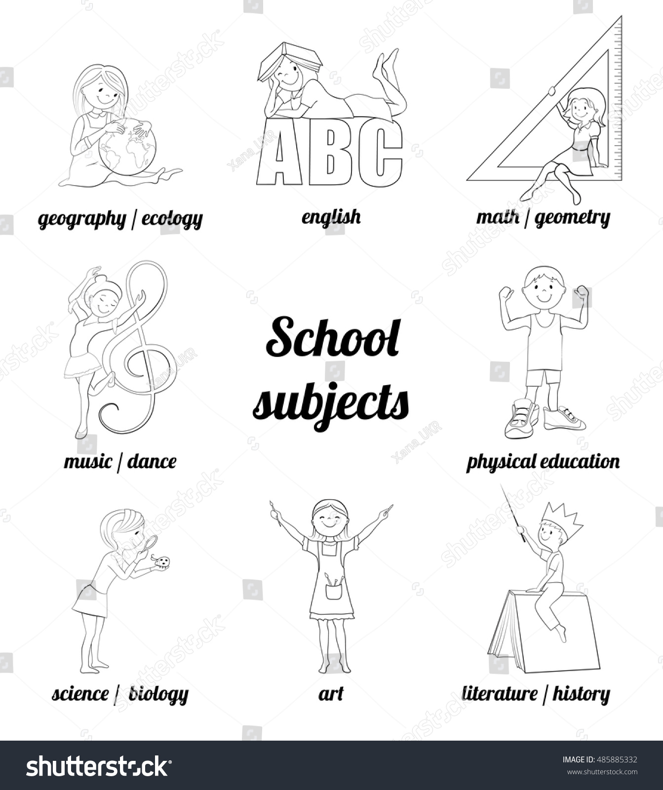 School Subjects Vector Coloring Page Math And English Music And